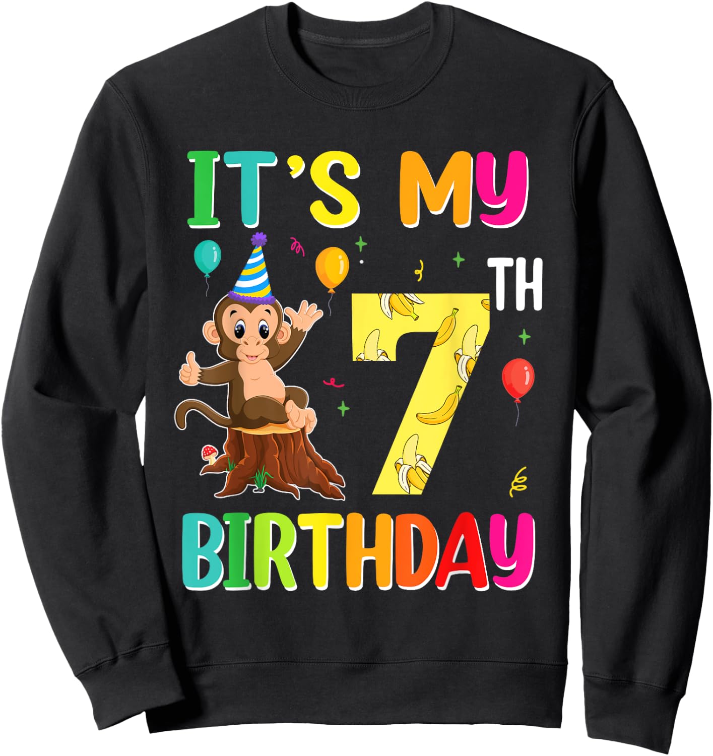 It's My 7th Birthday Monkey 7 Year Old Boy Girl Sweatshirt - Sweatshirt | Black