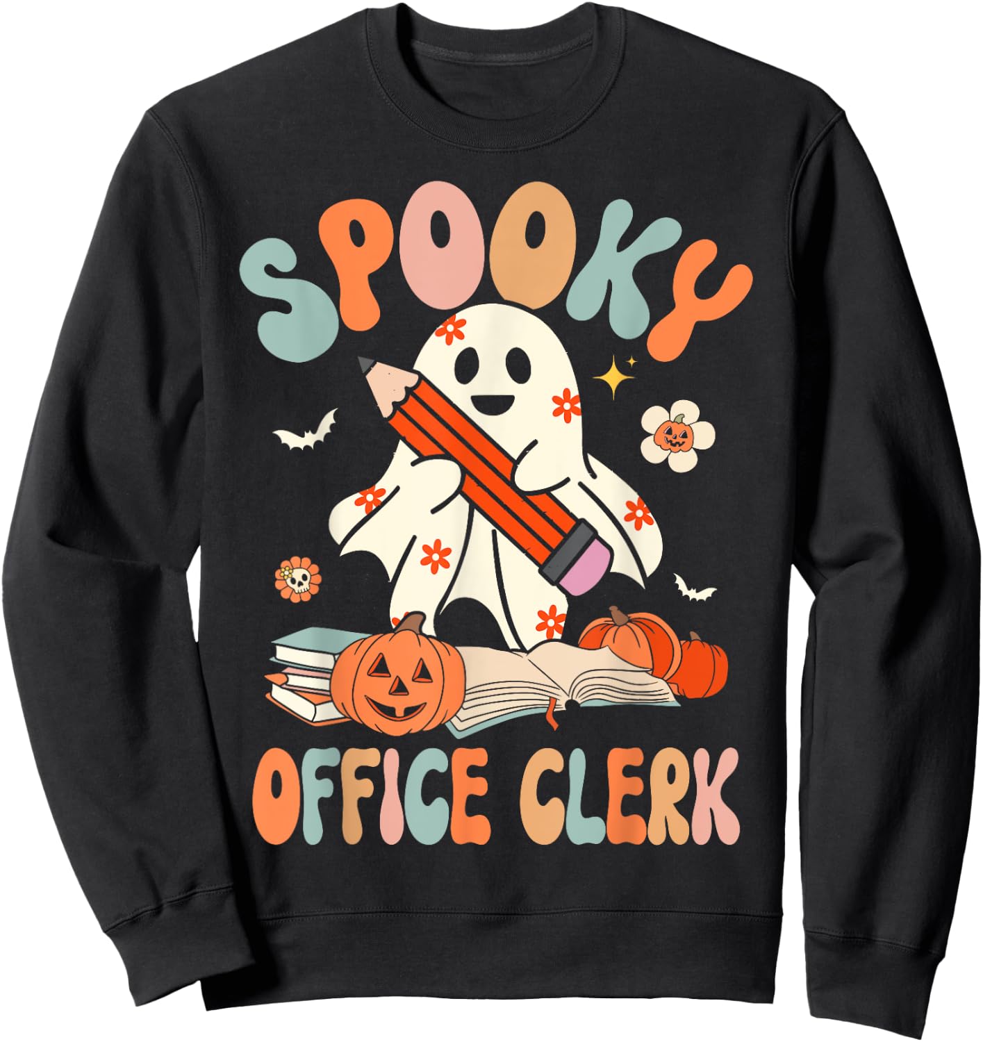 Groovy Halloween Spooky Office Clerk Retro Floral Ghost Sweatshirt - Sweatshirt | Black