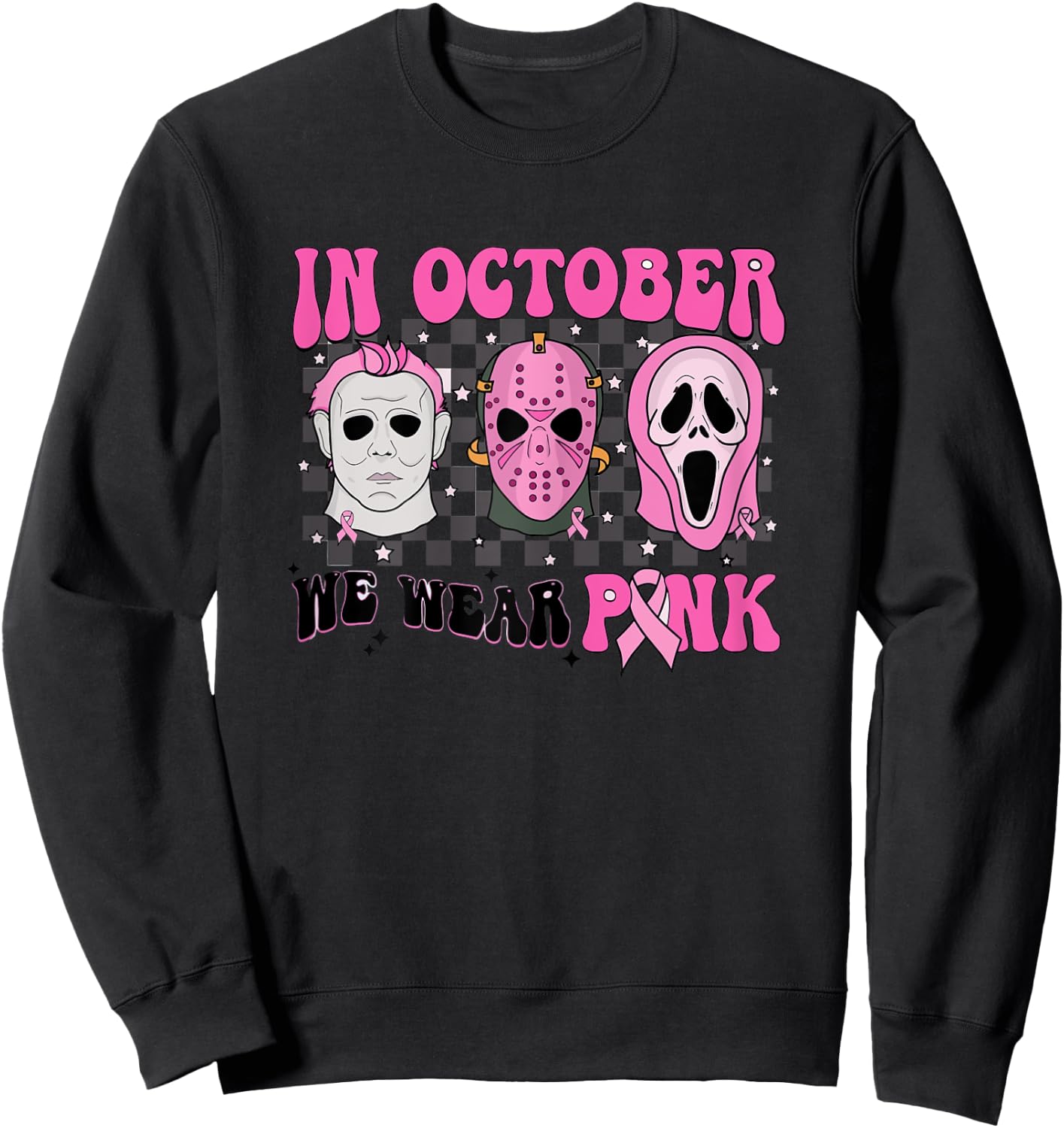 Pink Breast Cancer Awareness Scream Halloween Horror Retro Sweatshirt - Sweatshirt | Black