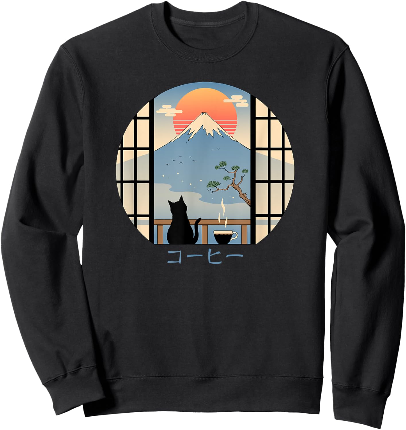 Coffee Cat in Mt. Fuji Sweatshirt - Sweatshirt | Black
