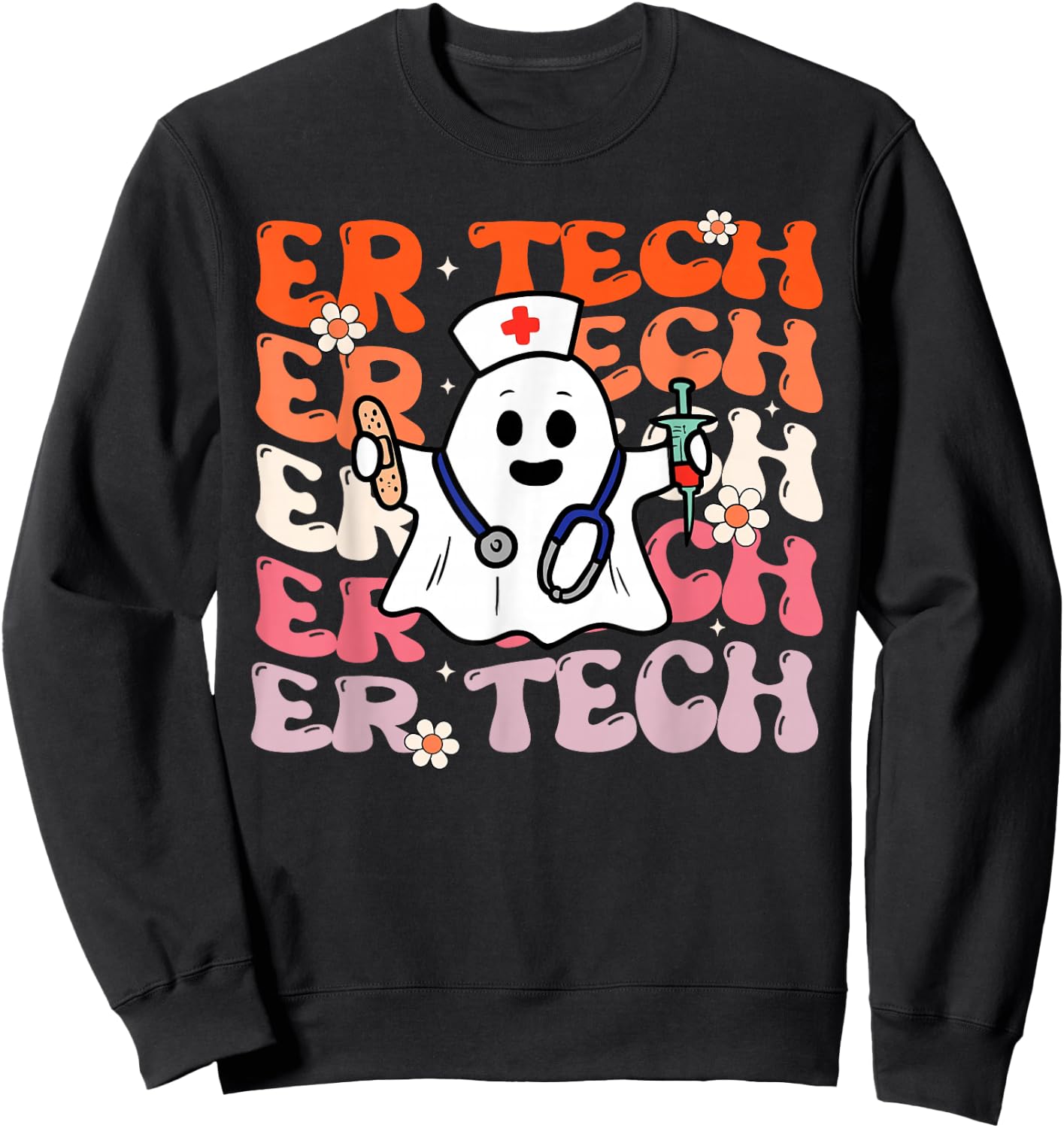 ER Tech Groovy Funny Halloween Ghost Nursing Spooky Costume Sweatshirt - Sweatshirt | Black