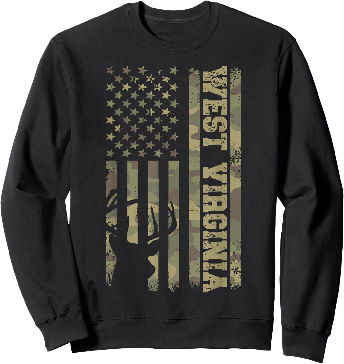 West Virginia Deer Hunter Vintage Deer Hunting Camo USA Flag Sweatshirt - Sweatshirt | Black