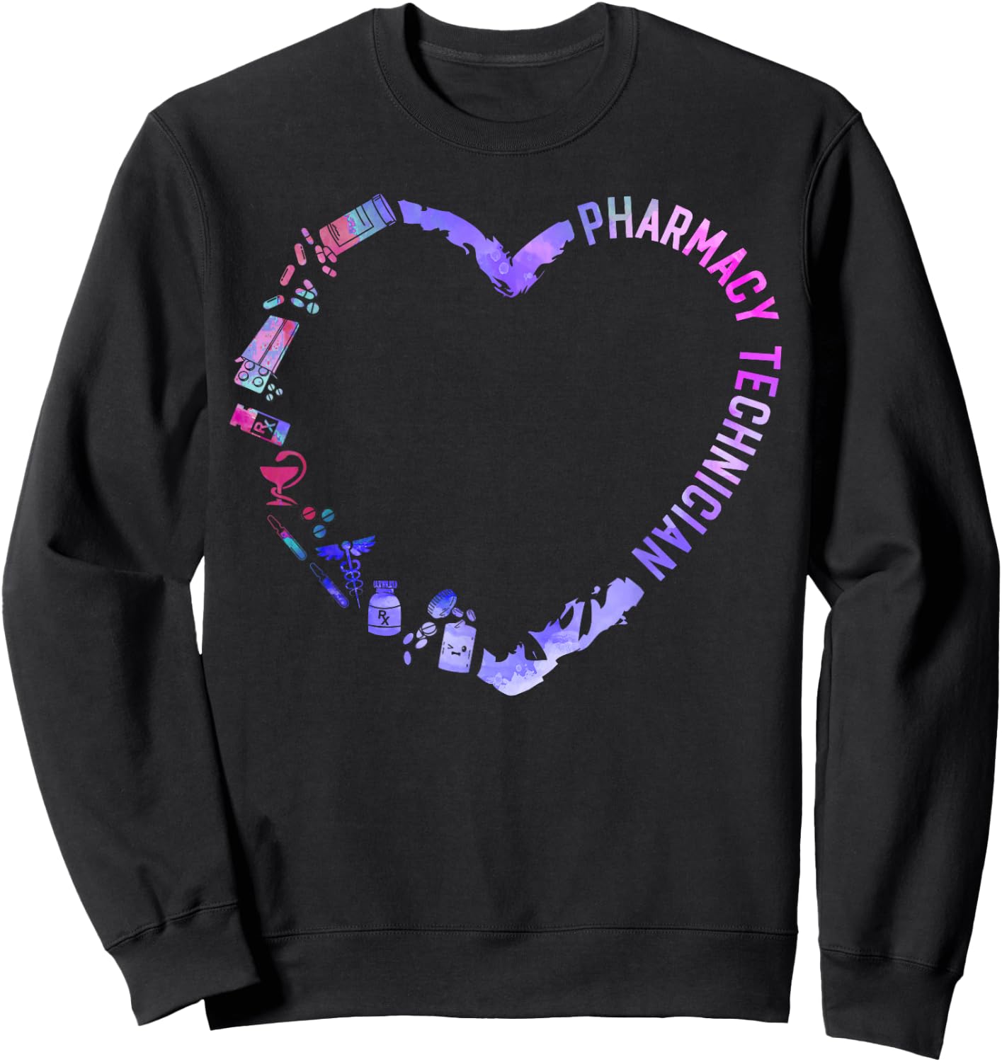 Pharmacy Tech Technician Pharmacist Student Heart Watercolor Sweatshirt - Sweatshirt | Black