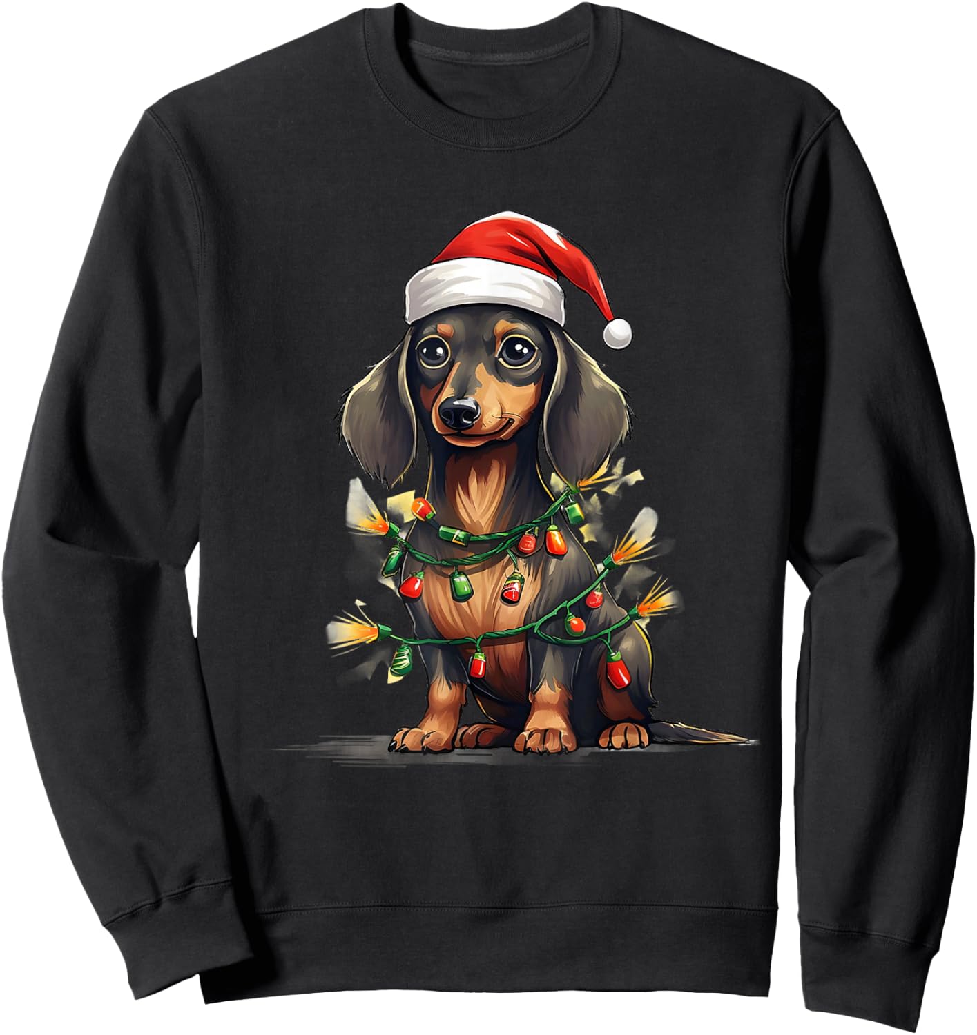 Merry Christmas Dachshund Santa Hat Lights Xmas Men Women Sweatshirt - Sweatshirt | Black