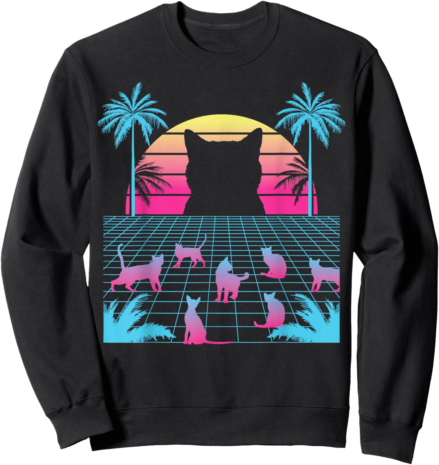 Vaporwave Cats - Retro Vintage Sunset - 80s 90s Japanese Sweatshirt - Sweatshirt | Black