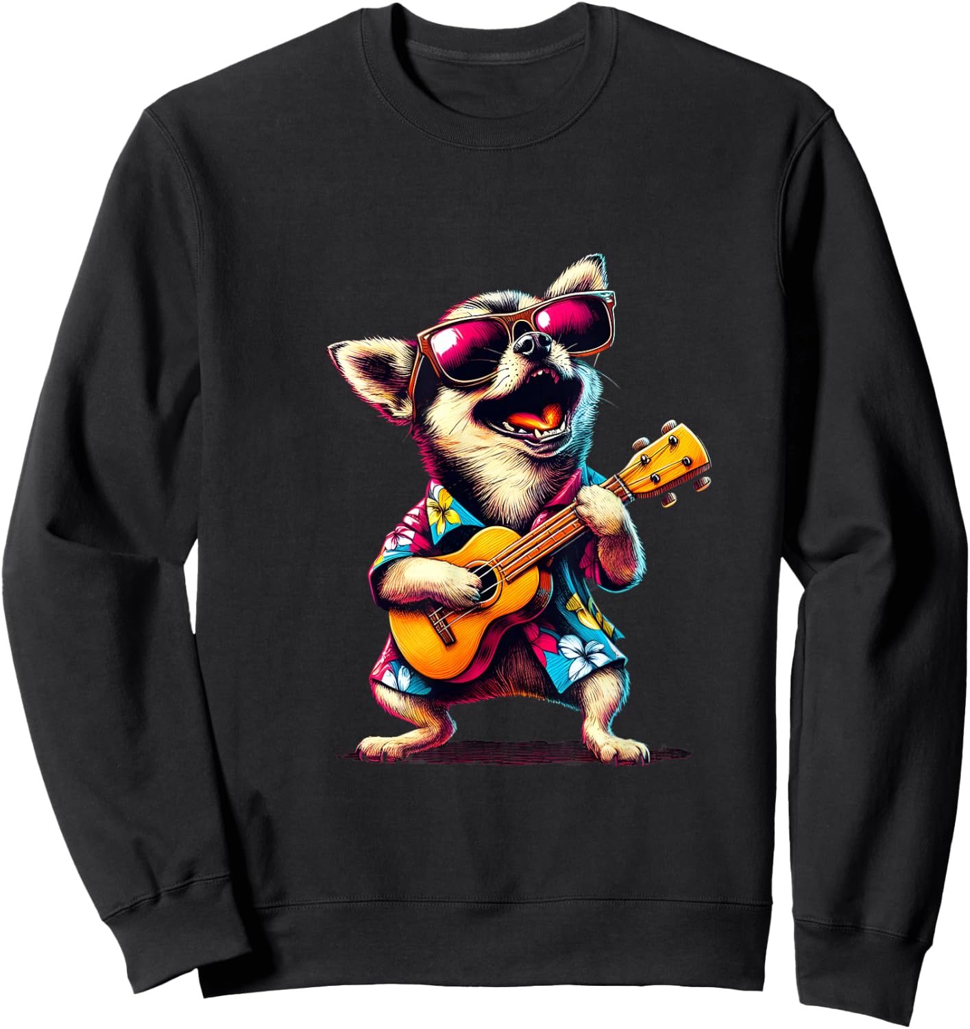 Chihuahua Wearing a Hawaiian Shirt, Playing a Ukulele Sweatshirt - Sweatshirt | Black