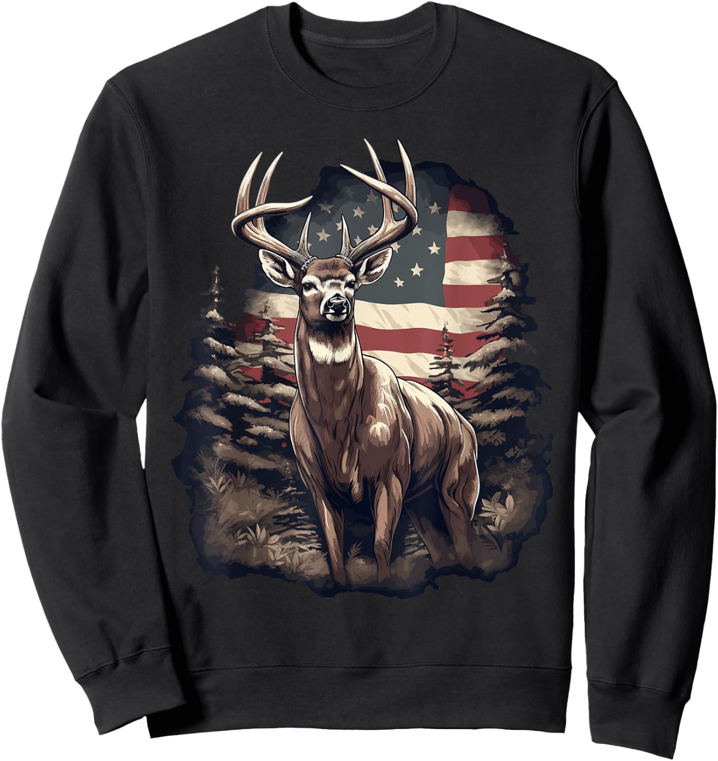 Whitetail Buck Deer Hunting US Flag Patriotic Hunter Sweatshirt - Sweatshirt | Black