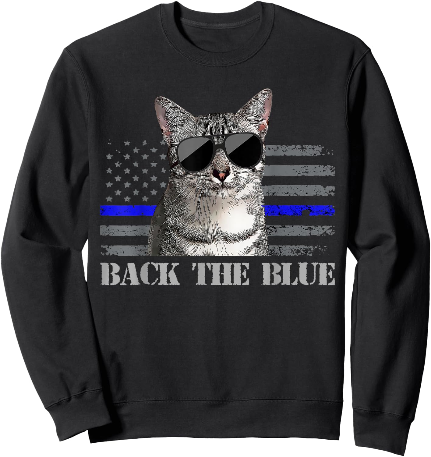 Back the Blue Police Cat Thin Blue Line American Flag Kids Men Sweatshirt - Sweatshirt | Black