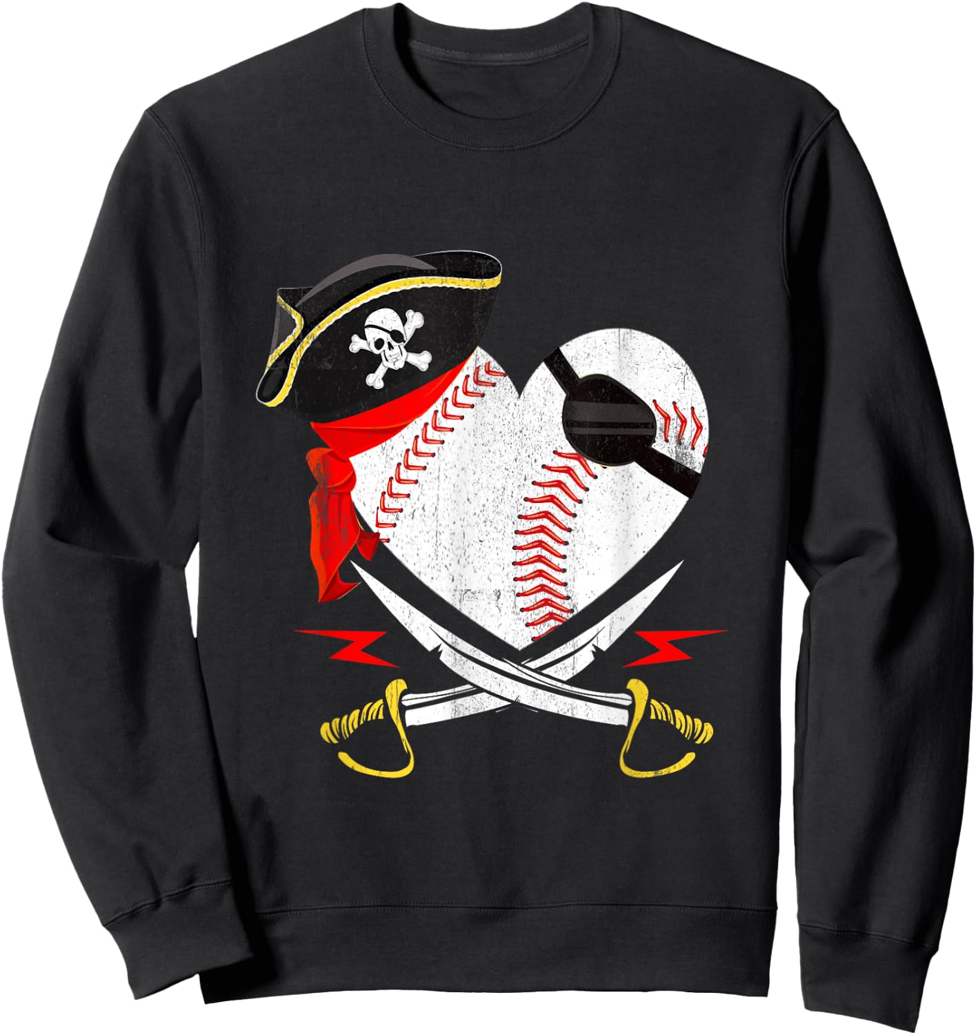 The Vintage Pirate Baseball Softball Heart With Skull Hat Sweatshirt - Sweatshirt | Black
