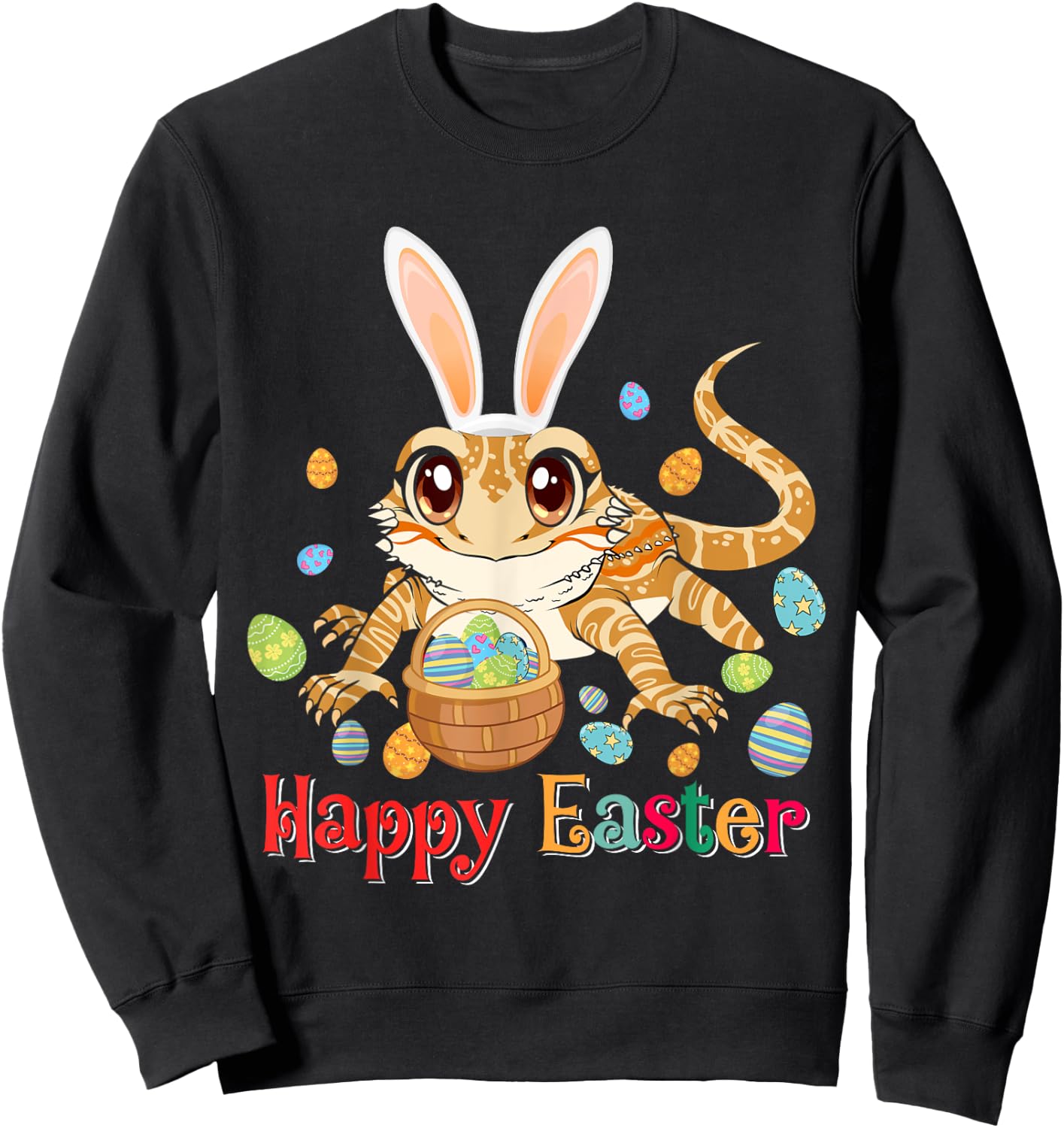 Happy Easter Cute Bunny Bearded Dragon Easter Eggs Basket Sweatshirt - Sweatshirt | Black