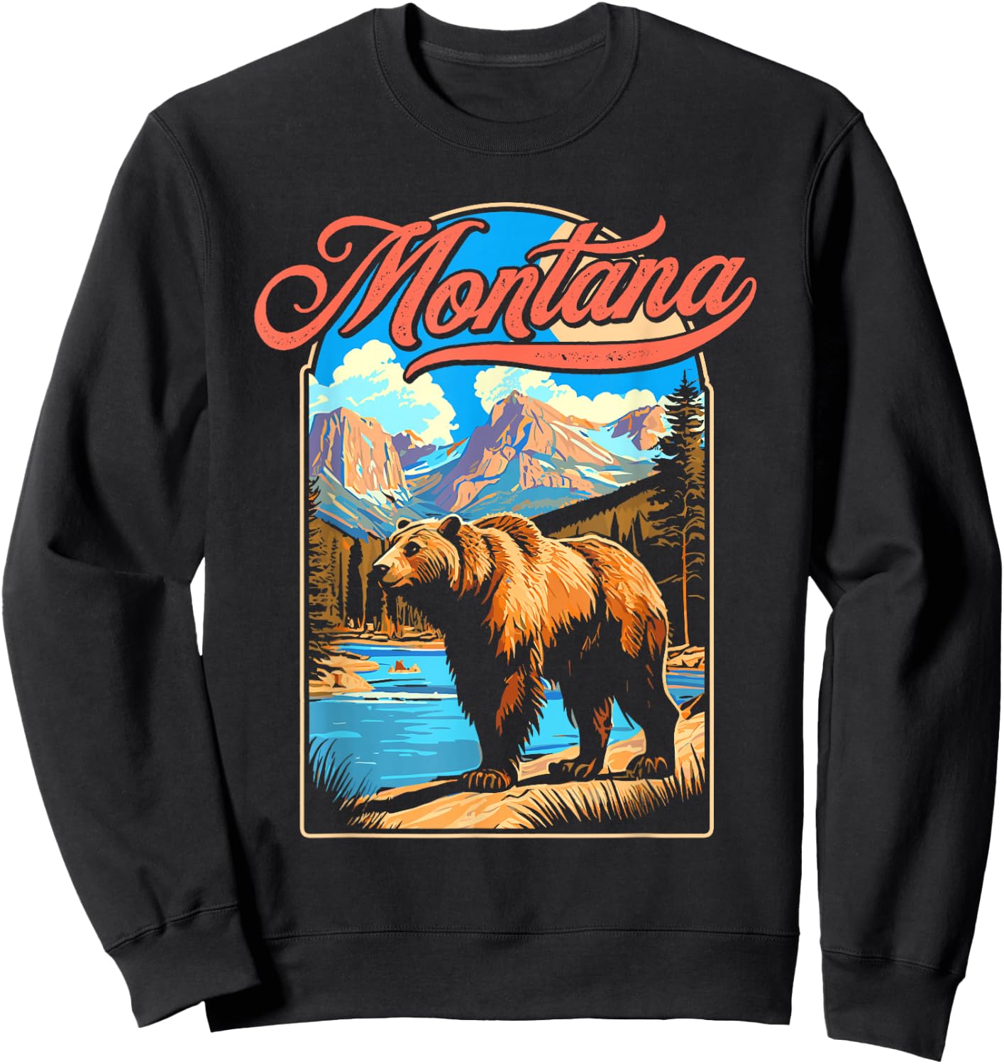 Grizzly Bear & Montana Mountains Vintage 70s Vibe Graphic Sweatshirt - Sweatshirt | Black