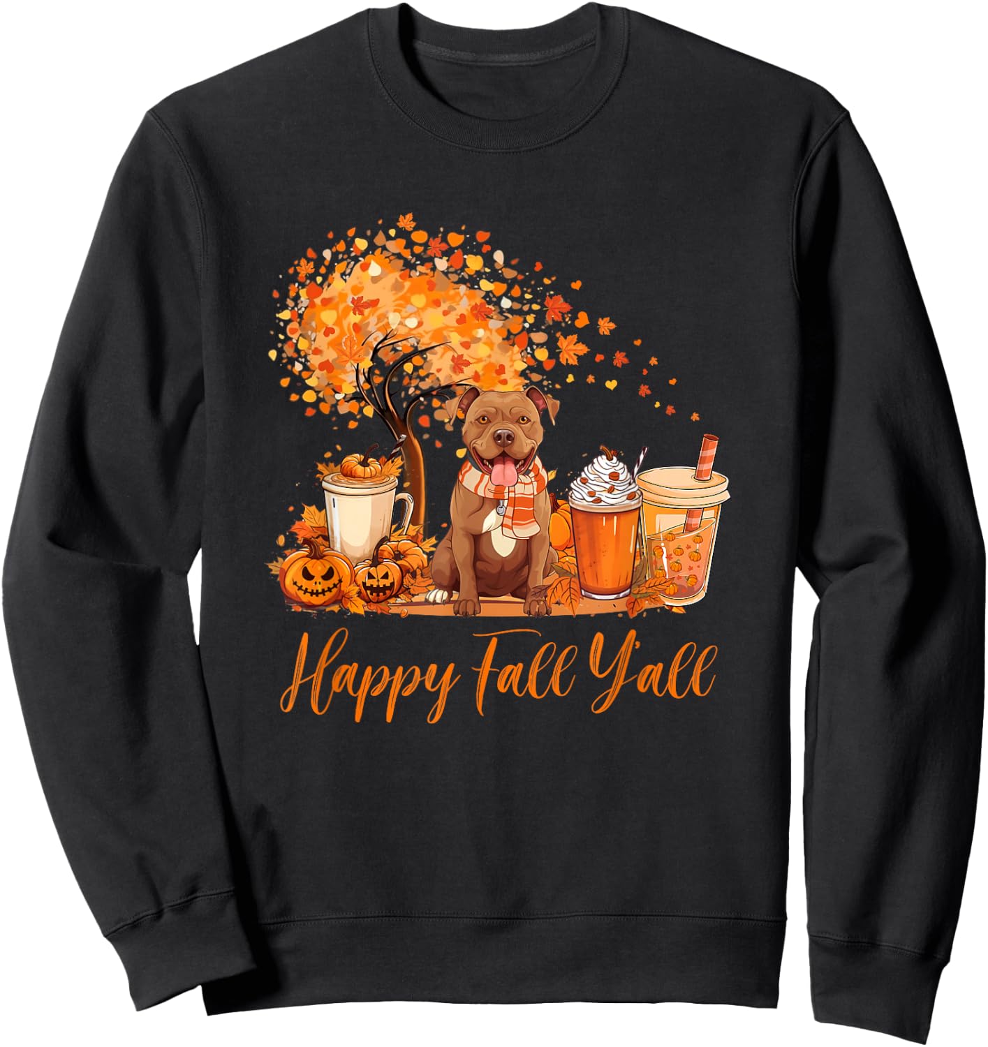 Happy Fall Y'all Pitbull Autumn Pumpkin Spice Latte Sweatshirt - Sweatshirt | Black