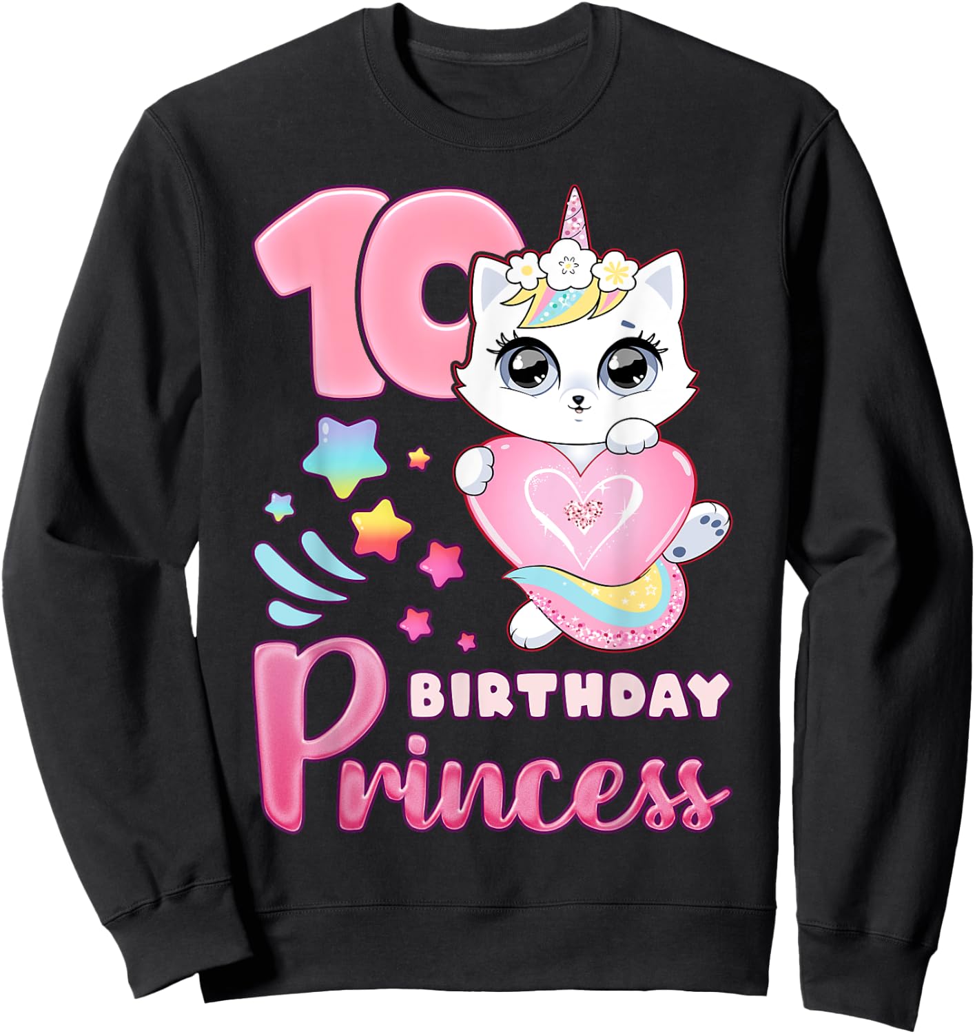 Girl, 10th birthday, unicorn cat, number 10 Sweatshirt - Sweatshirt | Black