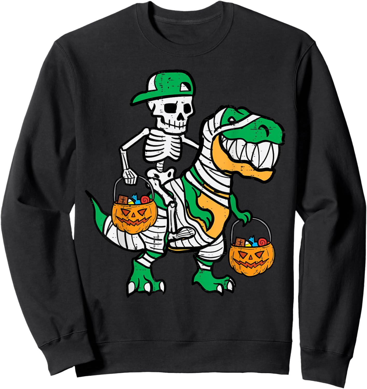Skeleton Green Cap Dino Toddler Boys Halloween Kids Youth Sweatshirt - Sweatshirt | Black