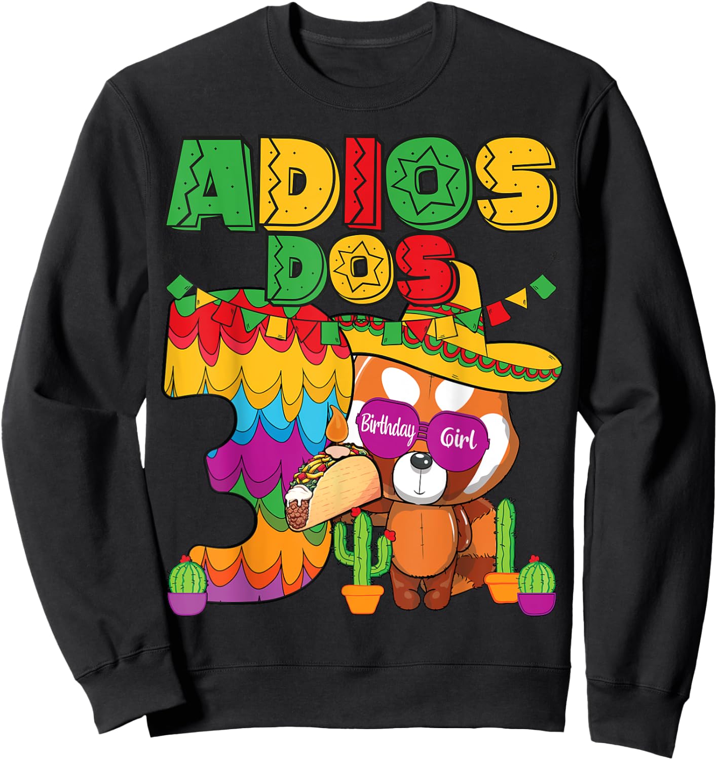 Adios Dos 3 Year Old Girls Birthday Mexican Fiesta Theme Sweatshirt - Sweatshirt | Black