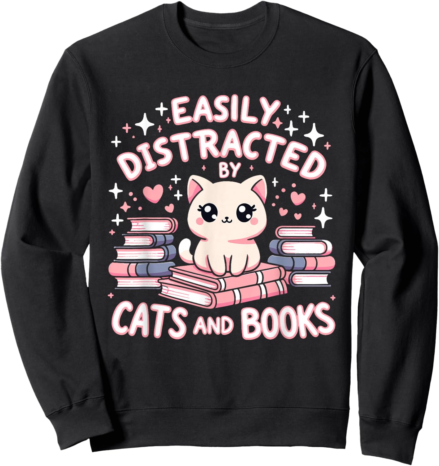 Easily Distracted by Cats and Books Cat Design Girls Sweatshirt - Sweatshirt | Black