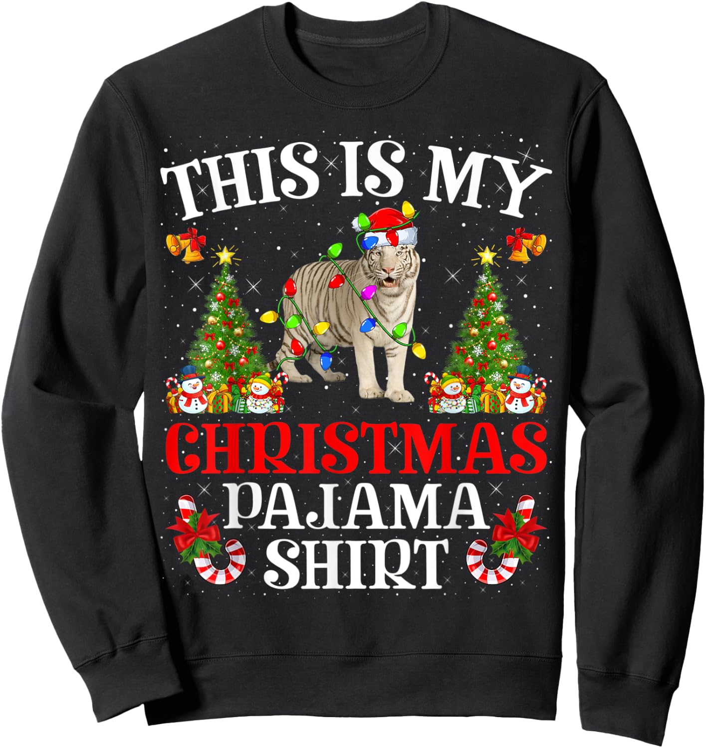 This Is My Christmas Pajama Shirt Lighting White Tiger Xmas Sweatshirt - Sweatshirt | Black