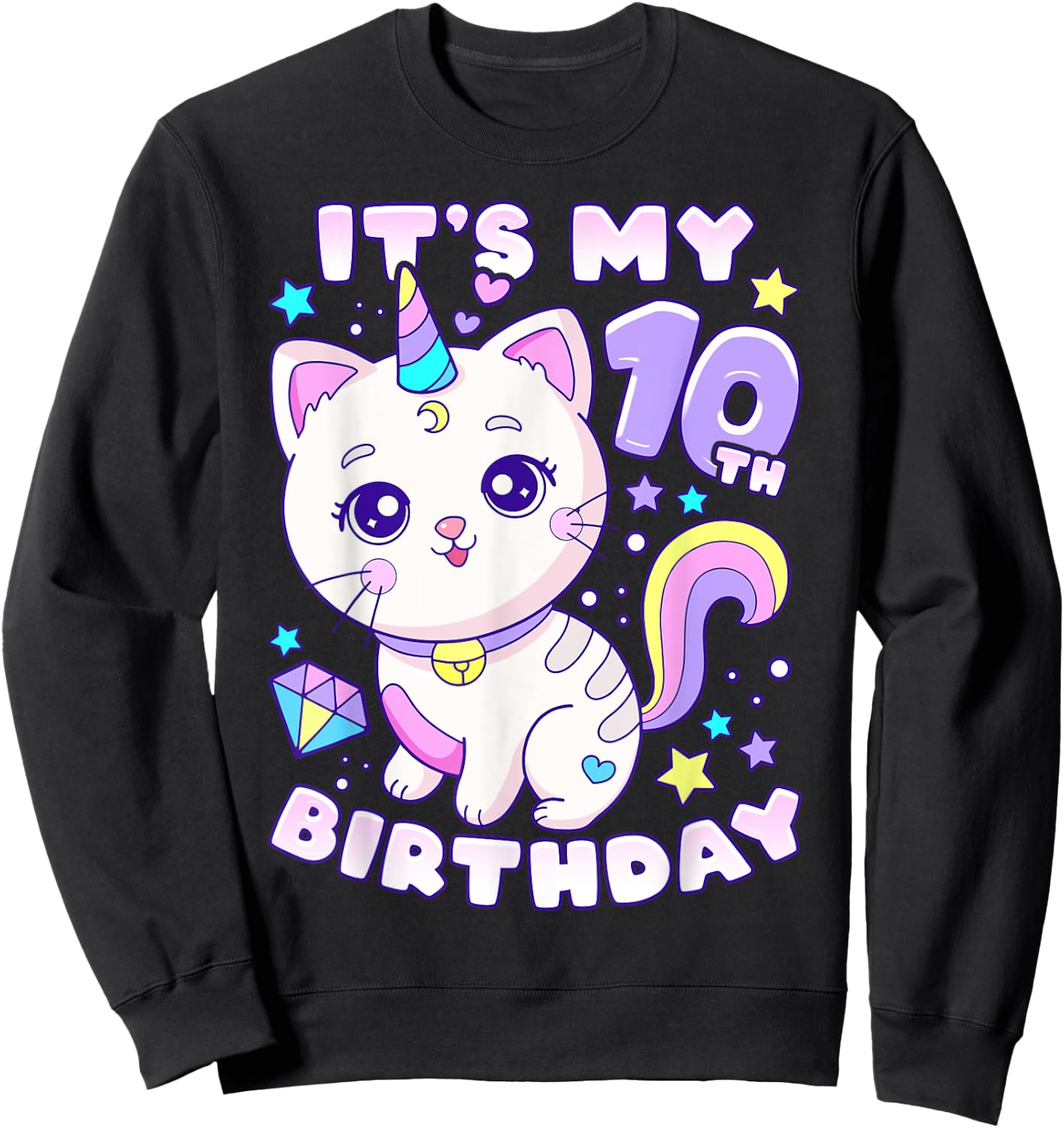 Birthday girl 10 years old, cat, unicorn, 10th birthday Sweatshirt - Sweatshirt | Black