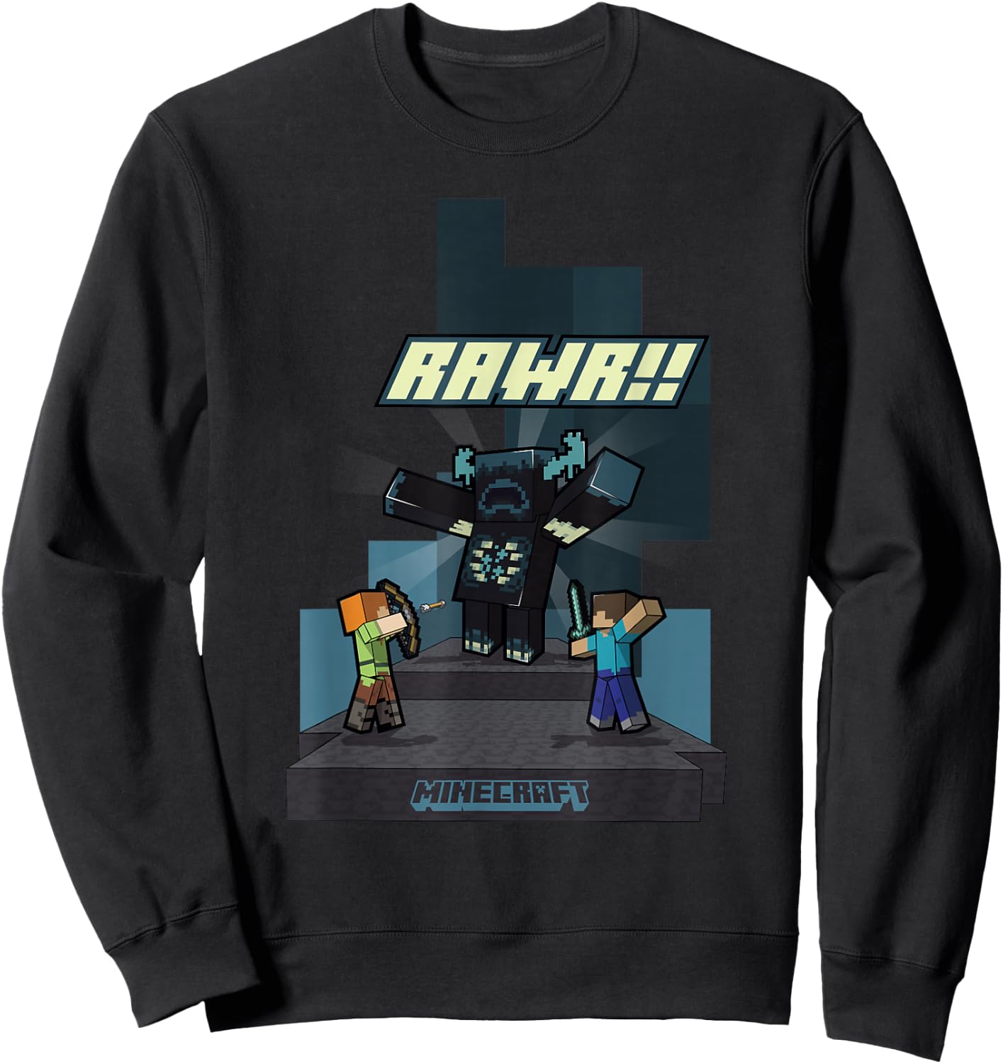 Minecraft Rawr!! Alex And Steve Fighting Off Warden Sweatshirt - Sweatshirt | Black