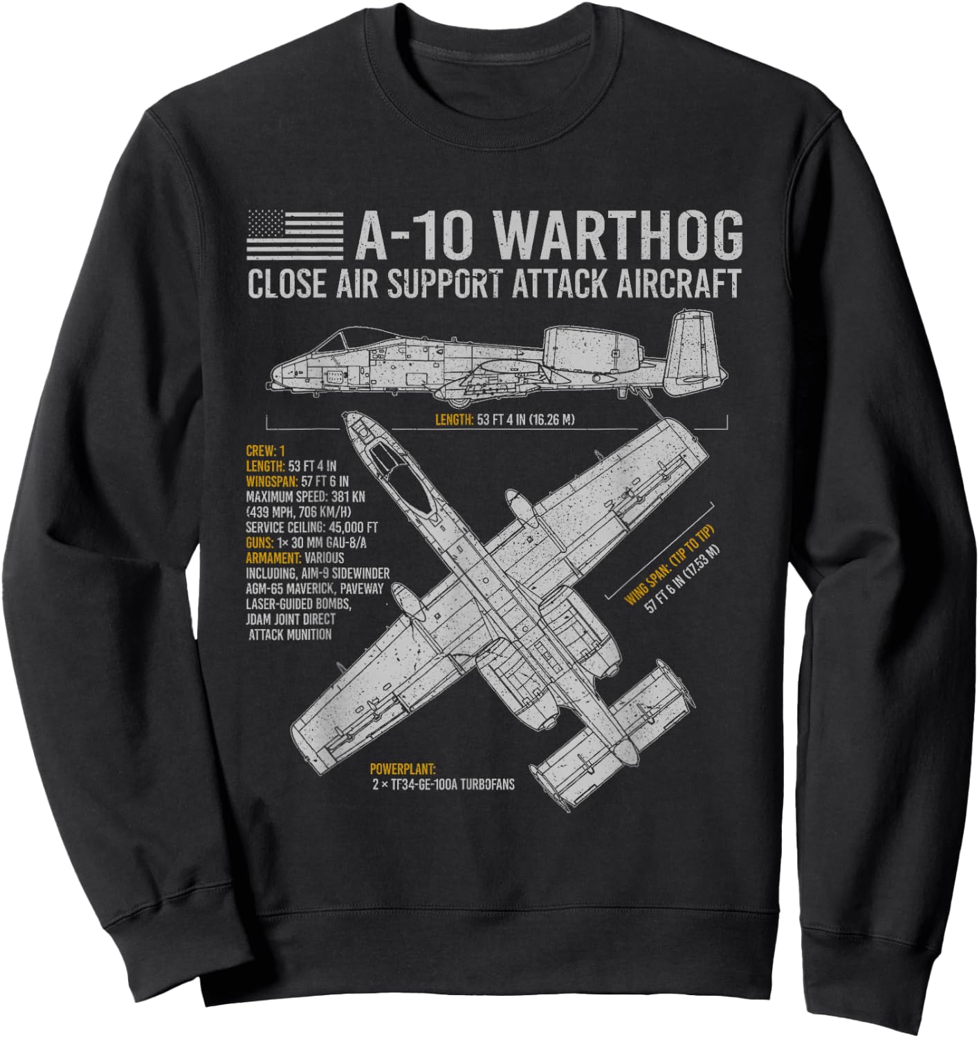 Aviation Geeks Store A-10 Warthog Thunderbolt II Aircraft Airplane Blueprint Fact Sweatshirt - Sweatshirt | Black