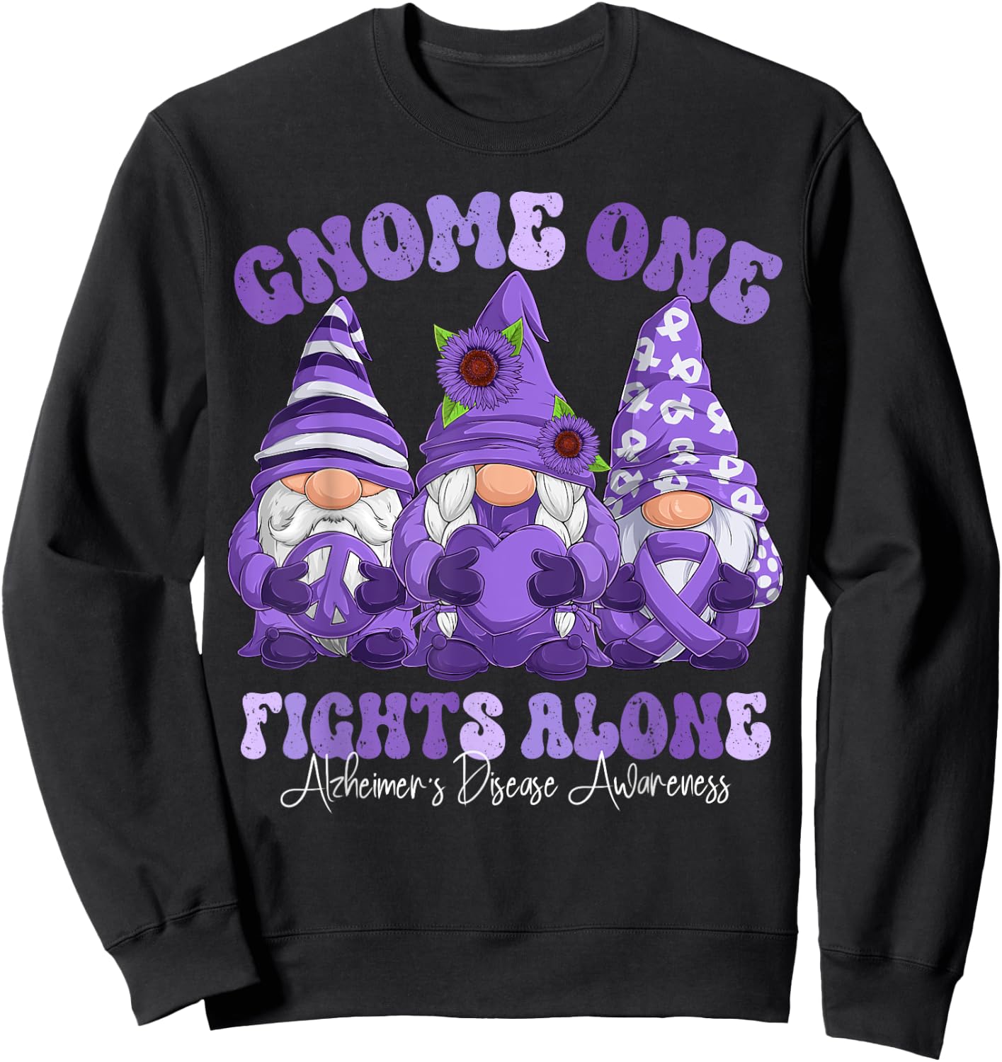 Alzheimer's Disease Awareness Month Purple Ribbon Gnomies Sweatshirt - Sweatshirt | Black