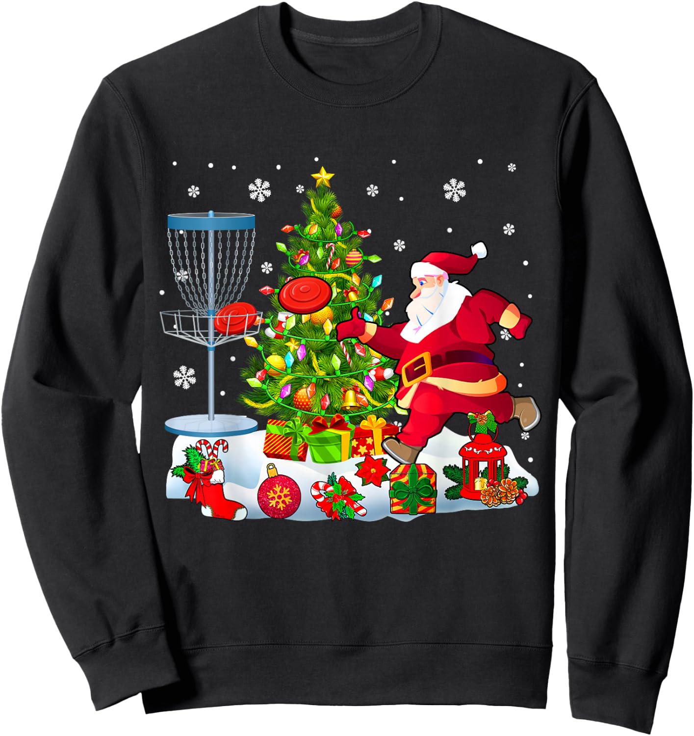 Xmas Tree Light Presents Santa Playing Disc Golf Player Sweatshirt - Sweatshirt | Black
