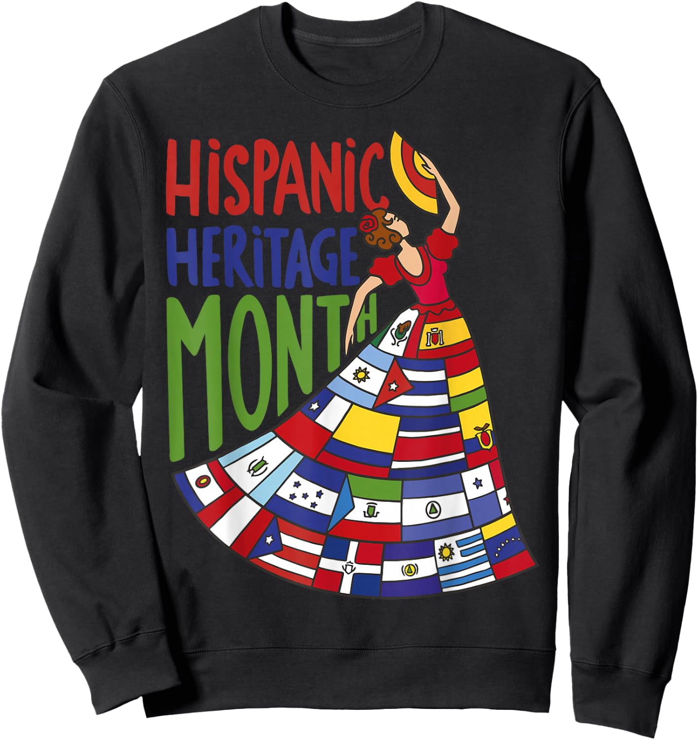 Hispanic Heritage Month 2024 Woman Latin Country Flags Dress Sweatshirt - Sweatshirt | Black