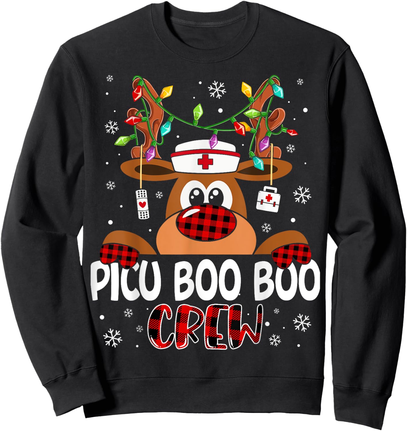 Reindeer PICU Nurse Boo Crew Christmas Buffalo Plaid Nurse Sweatshirt - Sweatshirt | Black