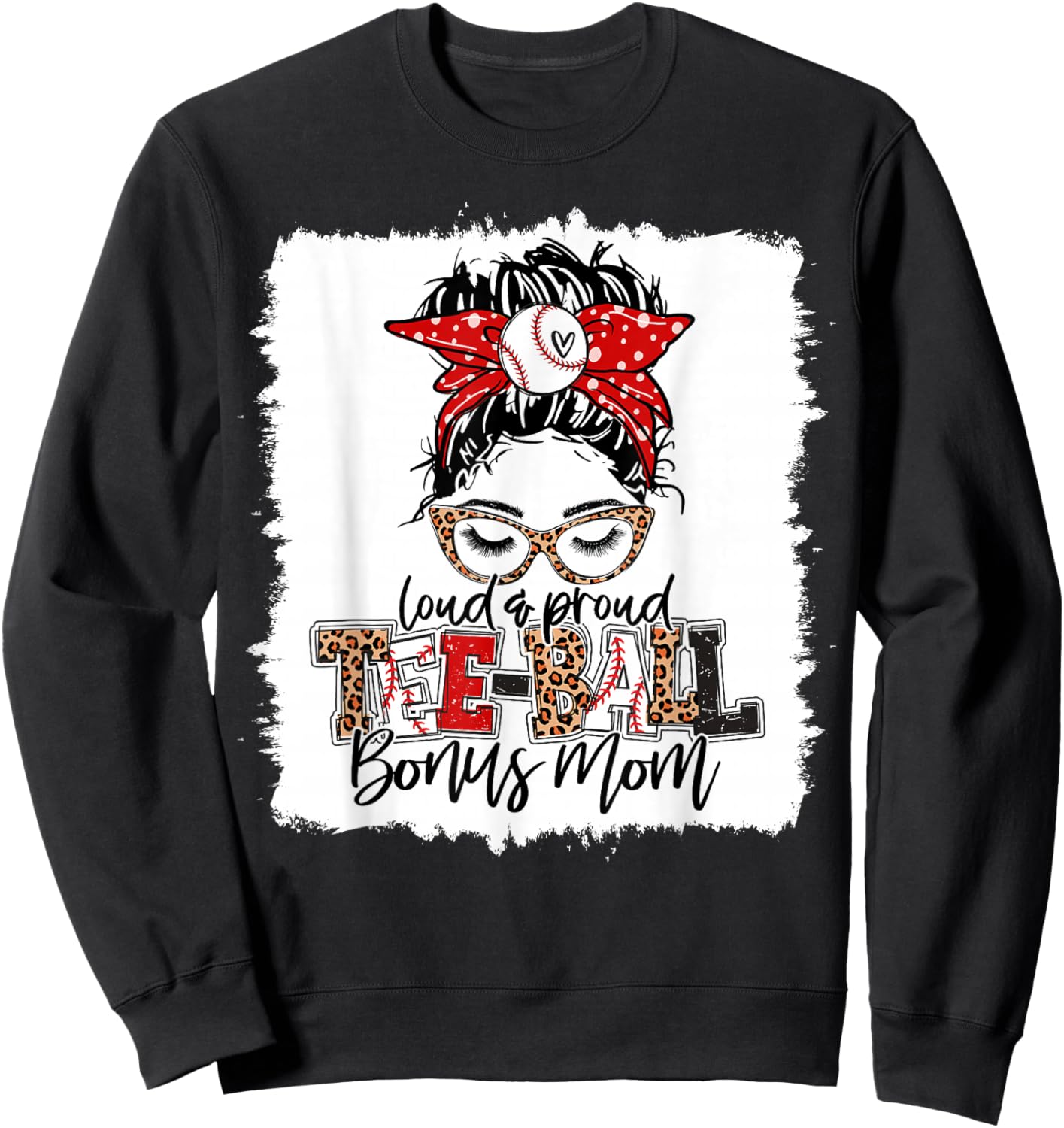 T-Ball Bonus Mom Ball Leopard Print Squad Messy Bun Hair Sweatshirt - Sweatshirt | Black