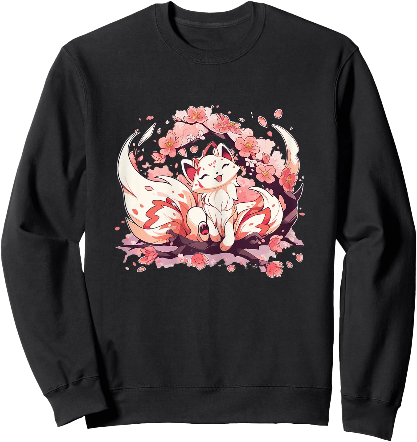Kitsune Fox Japanese Nine Tailed Fox Cherry Blossom Flowers Sweatshirt - Sweatshirt | Black