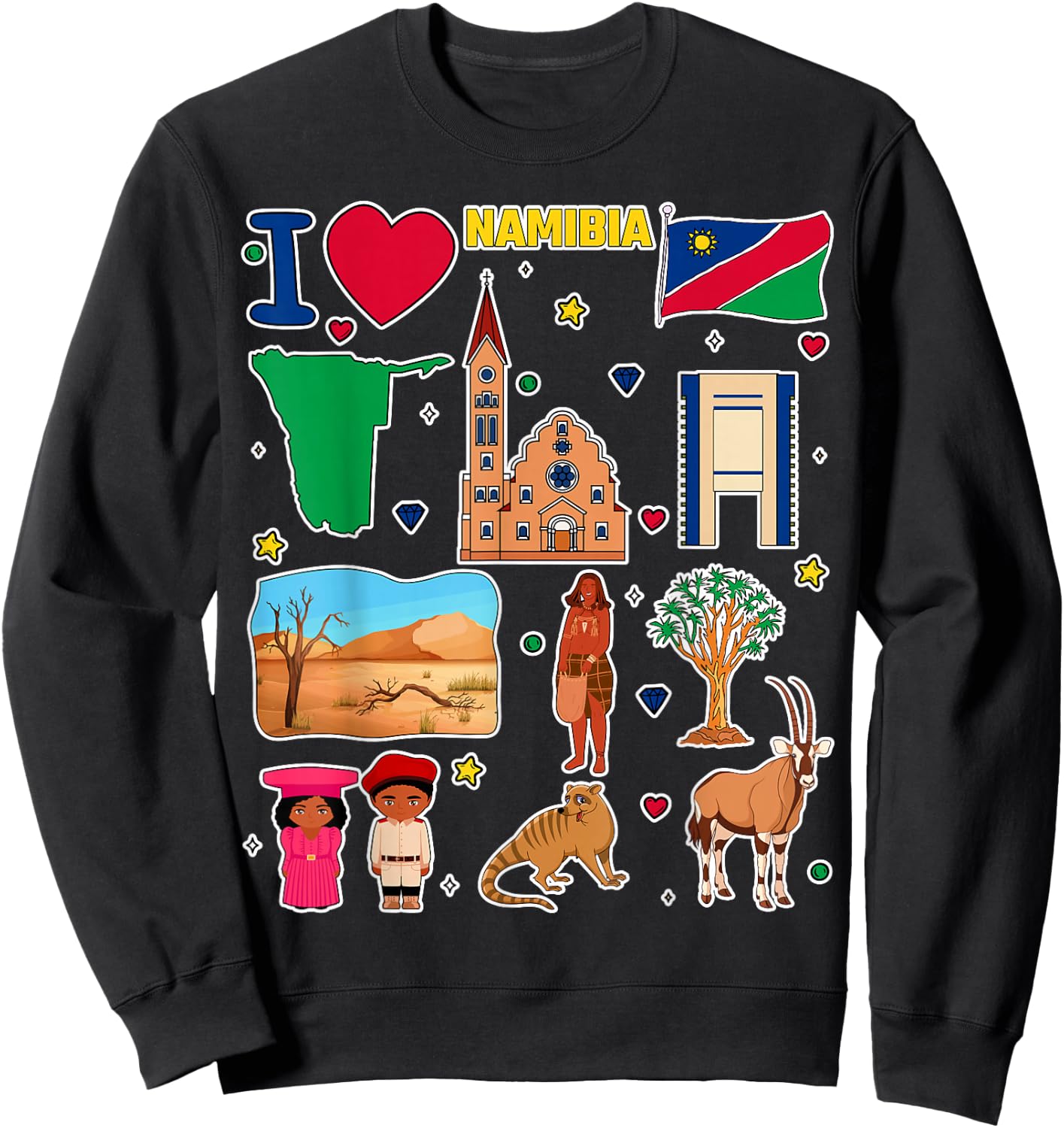 Namibian hand drawn symbols, Namibia map, cultural icons Sweatshirt - Sweatshirt | Black