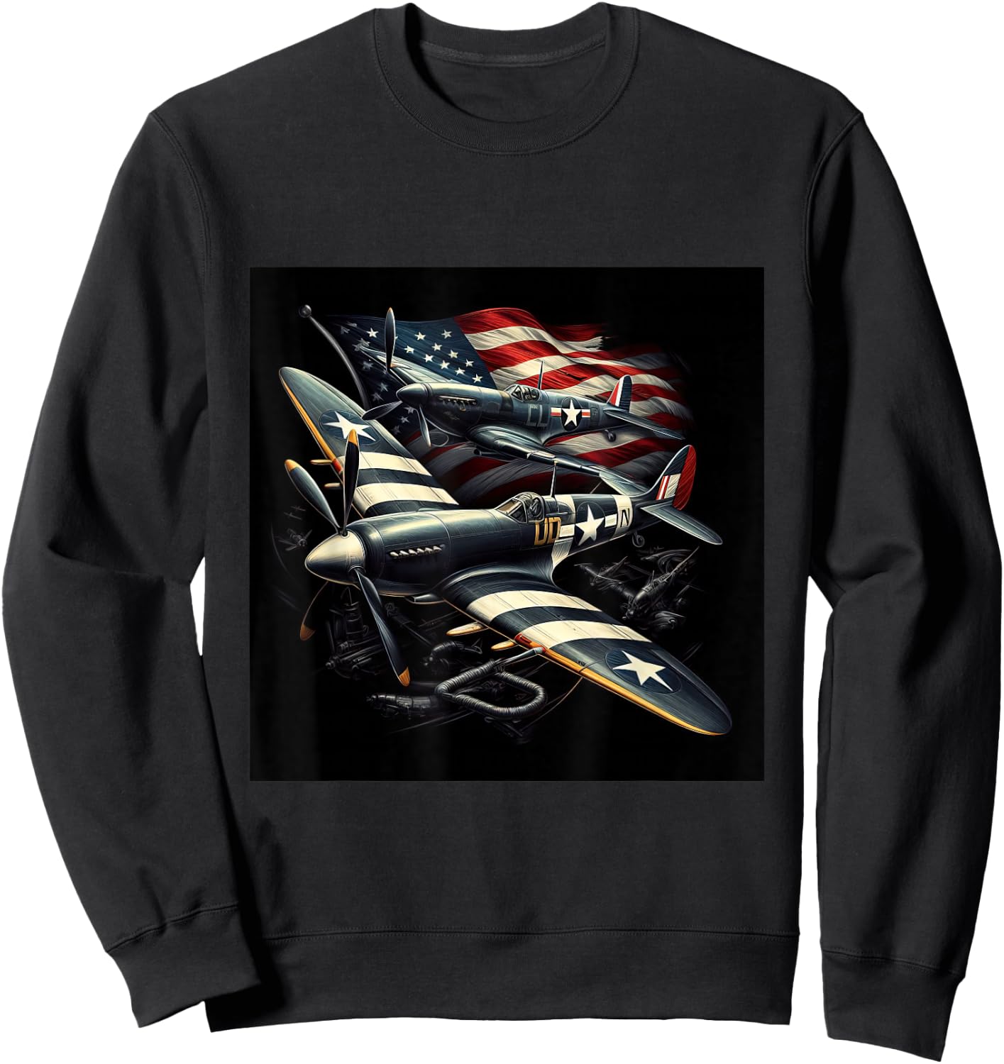 Spitfire F4U Corsair WW2 Airplanes US Flag Sweatshirt - Sweatshirt | Black