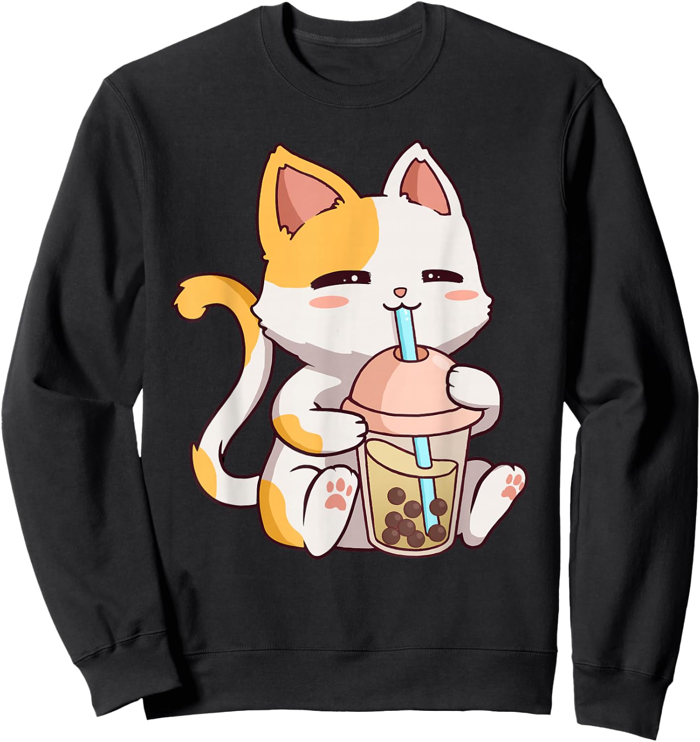Cute Cat Kawaii Boba Tea Bubble Neko Anime Sweatshirt - Sweatshirt | Black