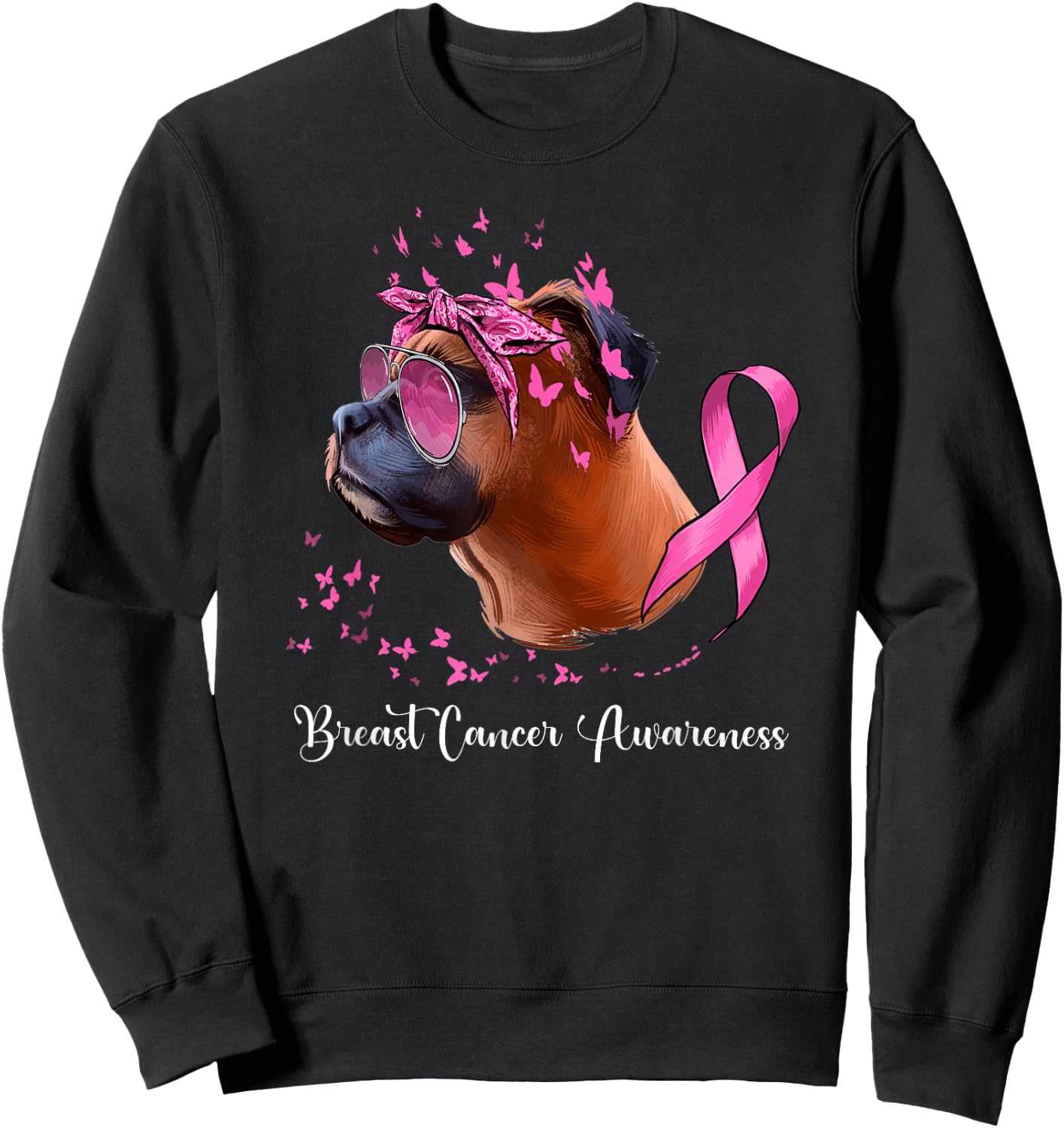 Boxer Dog Lover Pink Ribbon Breast Cancer Awareness Sweatshirt - Sweatshirt | Black