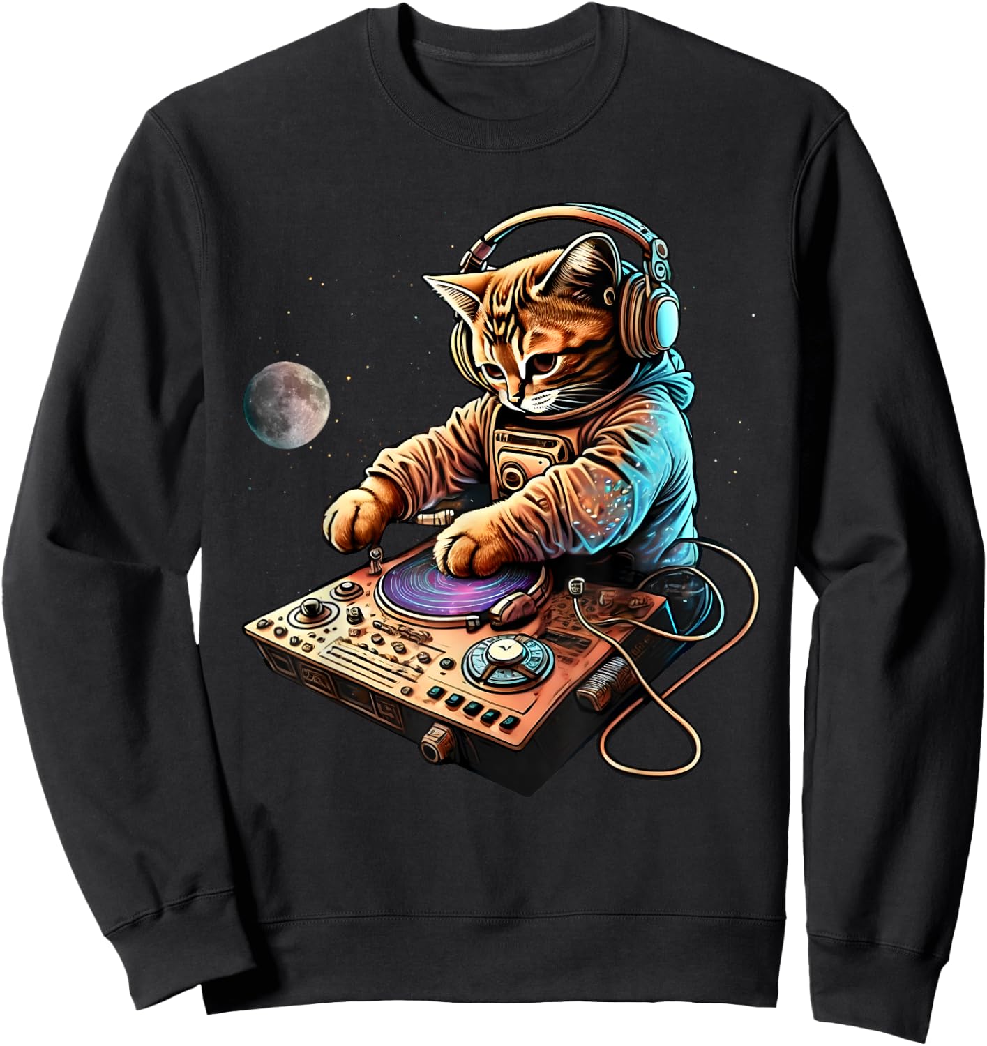 DJ Cat, Cute Space Cat Disc Jockey Cat in Astronaut Suit Sweatshirt - Sweatshirt | Black