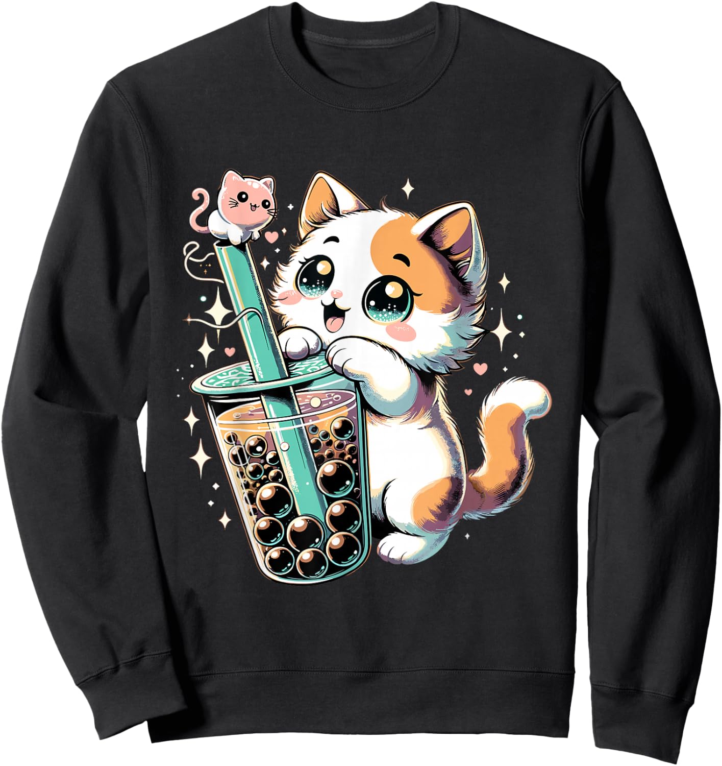 Cat Boba Japanese Kawaii Anime Kitty Bubble Tea Neko Teen Sweatshirt - Sweatshirt | Black