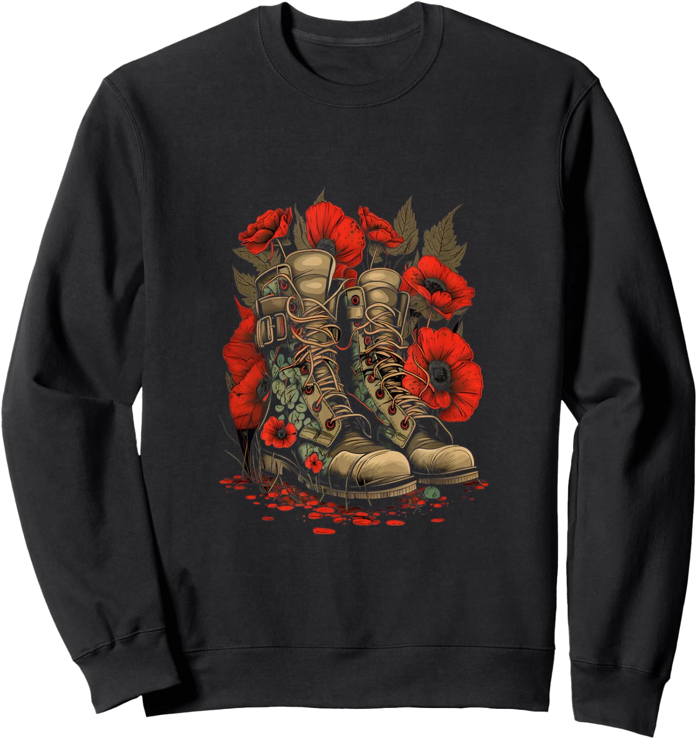Memorial Day Red Poppy Flower Military Boots 4th of July Women Men Sweatshirt - Sweatshirt | Black
