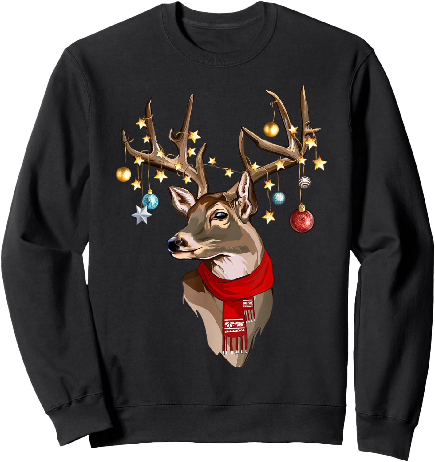 Buck Deer Antlers Christmas Lights Scarf Xmas Party Sweatshirt - Sweatshirt | Black