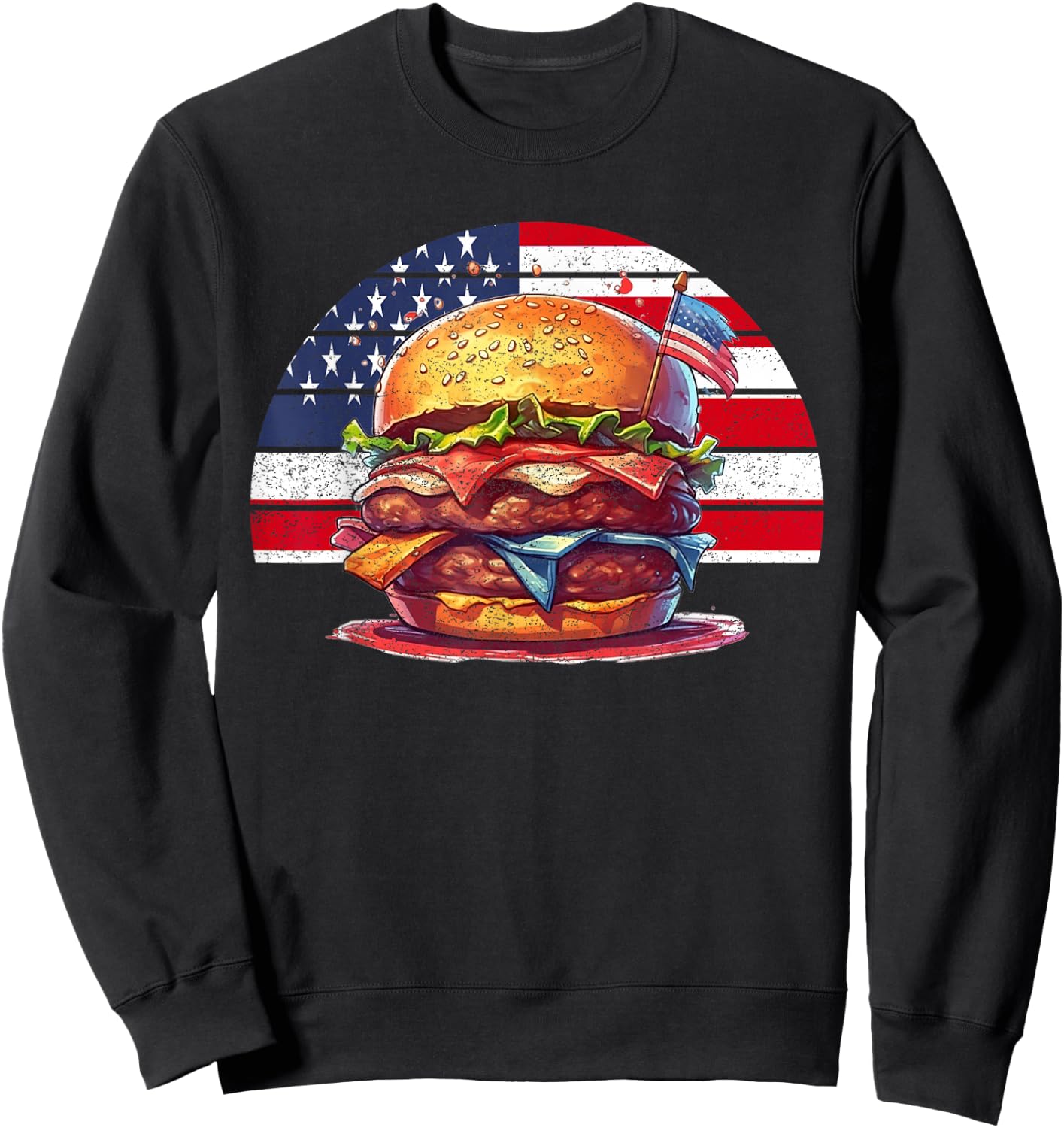4th Of July Burger Vintage American USA Flag Women Sweatshirt - Sweatshirt | Black