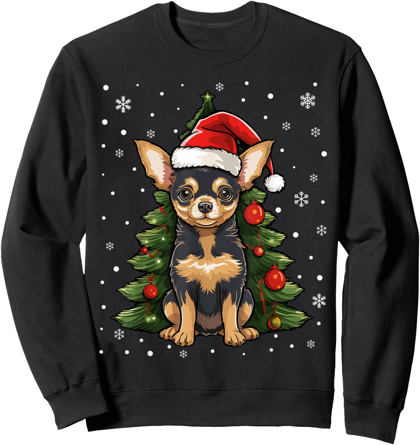 Chihuahua Dog Christmas Tree Santa Hat Xmas Pajama Sweatshirt - Sweatshirt | Black