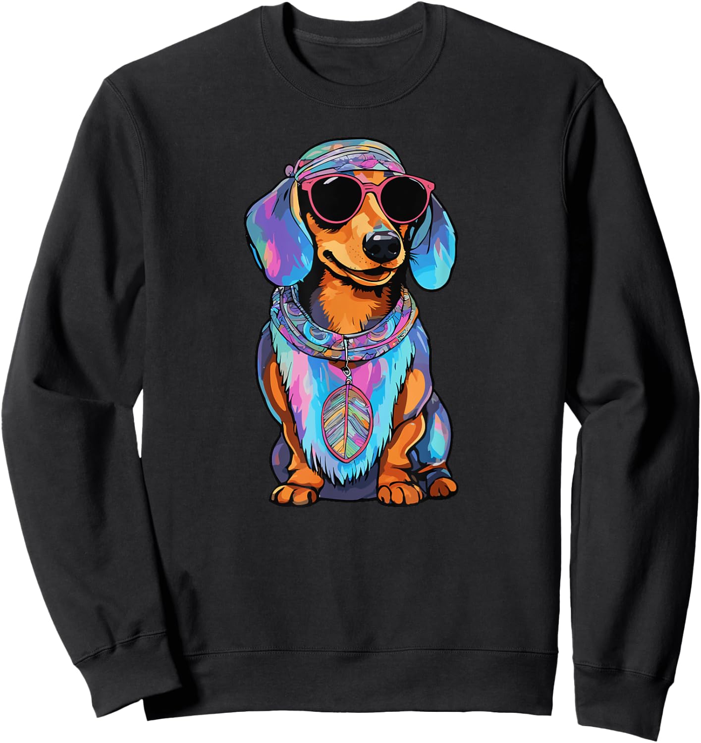 Colorful Tie Dye Hippie Dachshund Dog Wearing Sunglasses Men Women Girls Kids Sweatshirt - Sweatshirt | Black