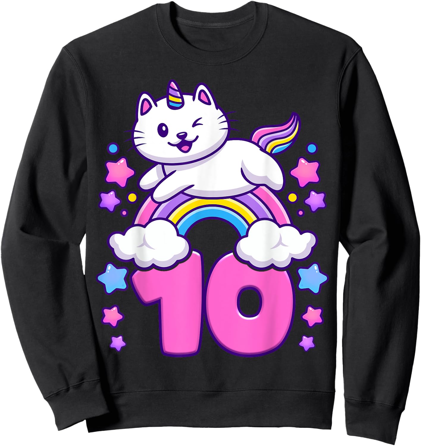 Birthday girl 10 years old, cat, unicorn, 10th birthday Sweatshirt - Sweatshirt | Black