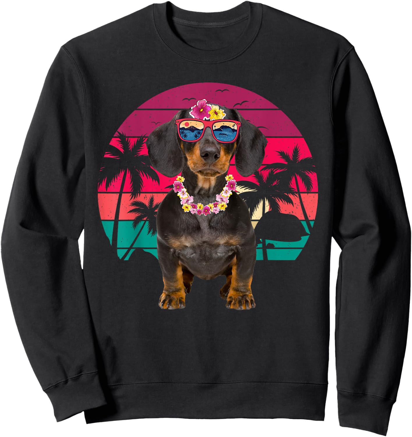 Retro Hawaiian Dachshund Dog Tropical Floral Summer Vibes Sweatshirt - Sweatshirt | Black