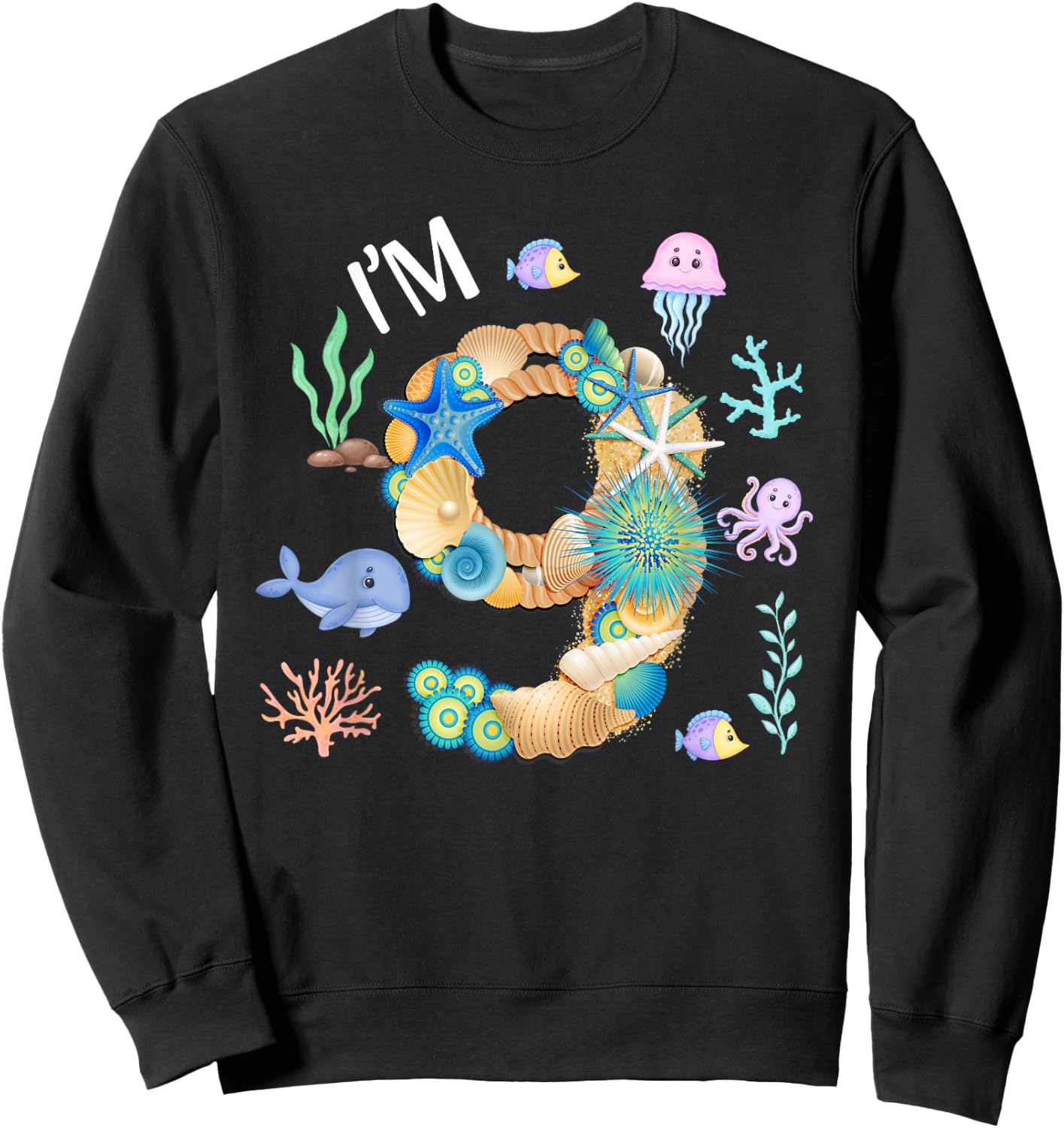 Under The Sea 9th Birthday Boy Whale Fish 9 Year Old Bday Sweatshirt - Sweatshirt | Black