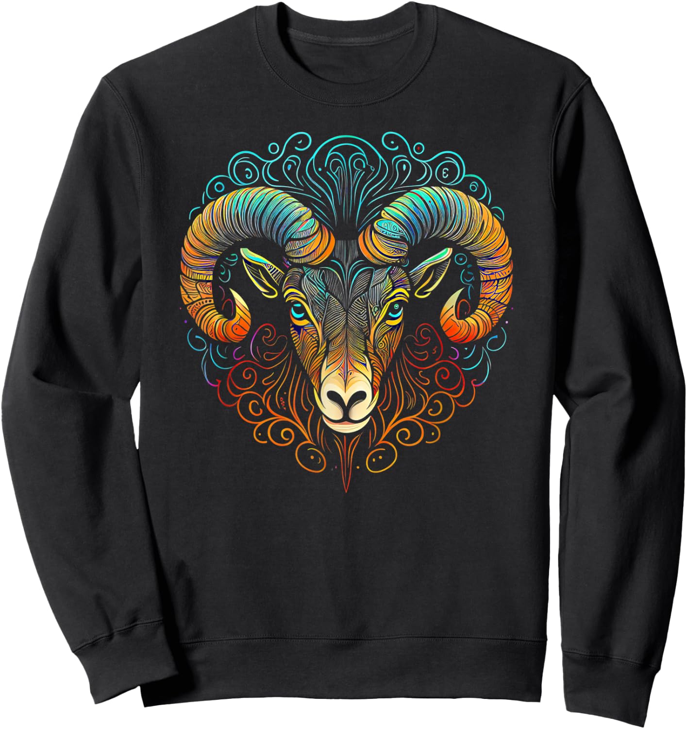 Ram Face and Head Colorful Mandala Pattern - Ram Sweatshirt - Sweatshirt | Black