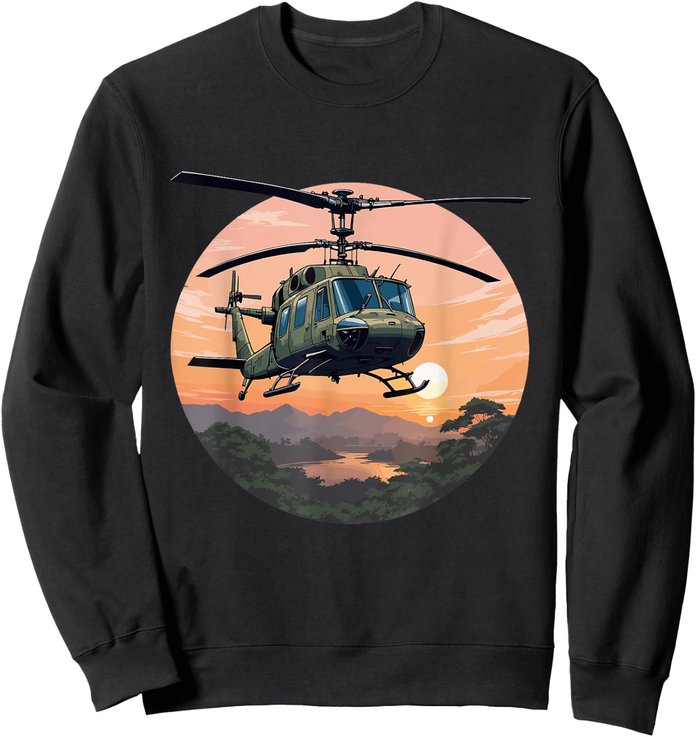 UH-1 Huey Helicopter Vintage Sunset Vietnam Chopper Sweatshirt - Sweatshirt | Black