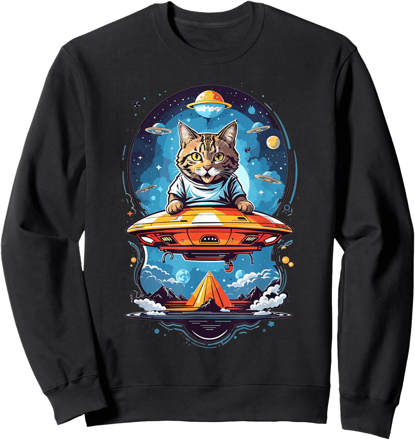 Aliens and UFO Cats Cute Cat Abducted By UFO Graphic - Black - -Adults/Kids - Short Sleeve - Small - Classic Fit - Cotton 50% Polyester 50% Sweatshirt - Sweatshirt | Black