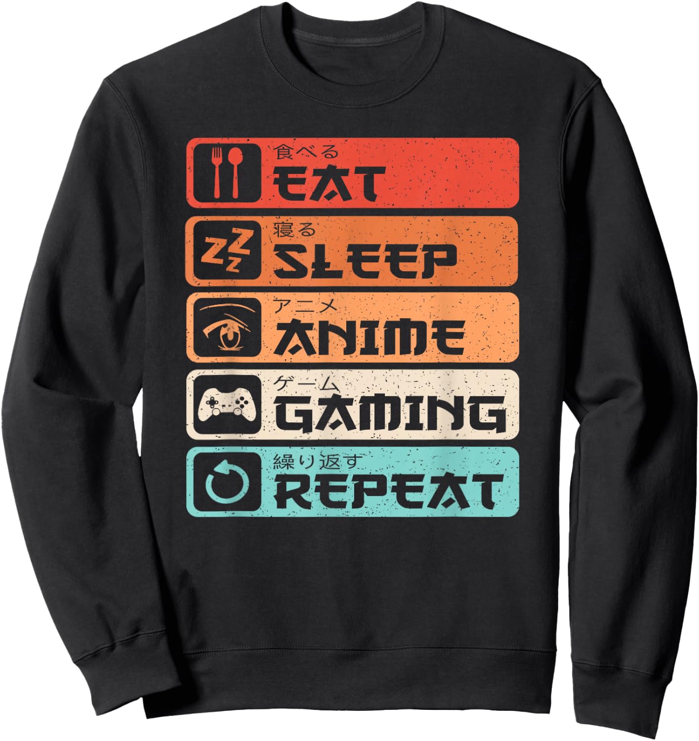 Eat Sleep Anime Gaming Repeat Otaku Manga Men Boys Retro Sweatshirt - Sweatshirt | Black