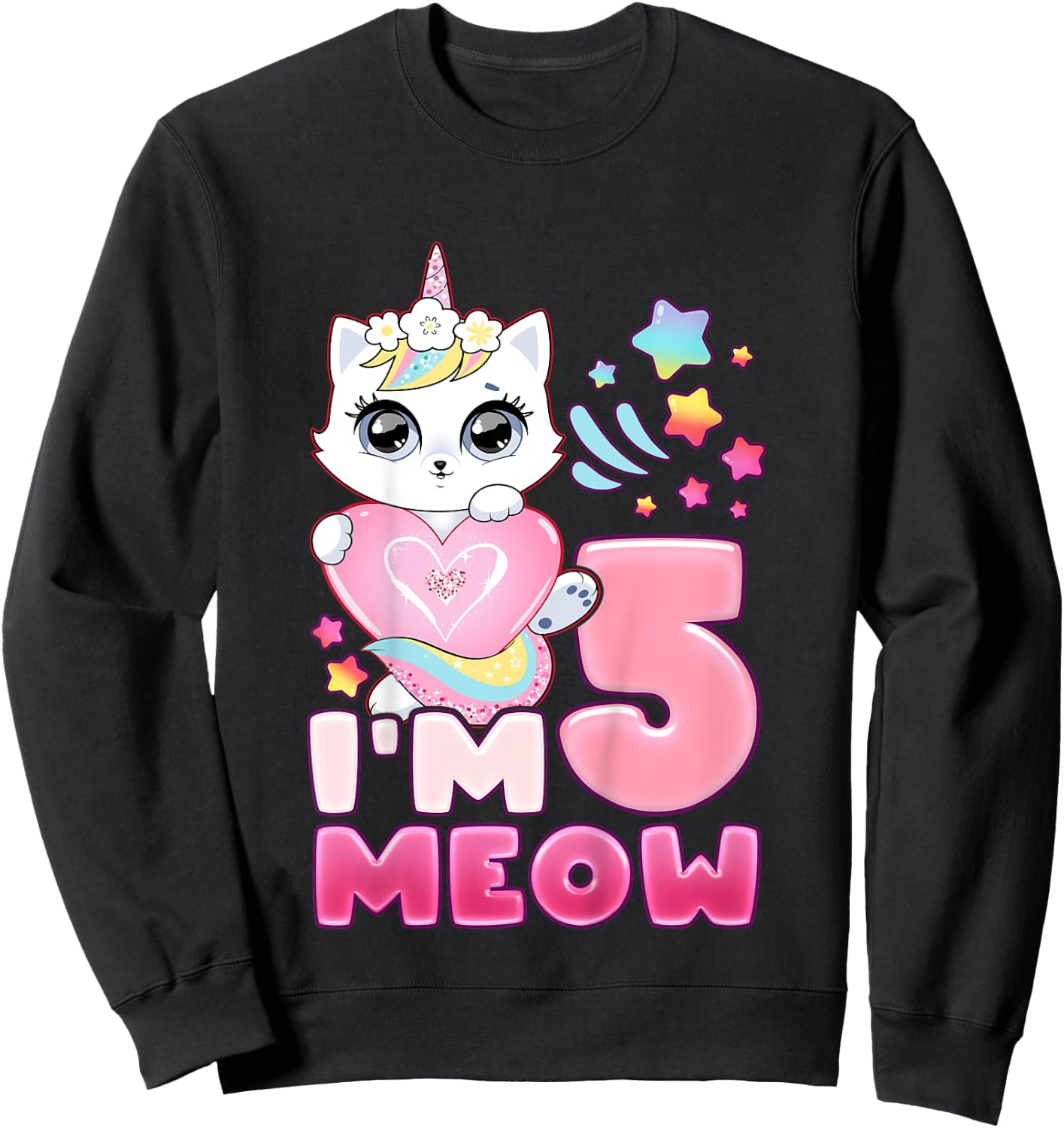 Birthday girl 5 years old, cat, unicorn, 5th birthday Sweatshirt - Sweatshirt | Black
