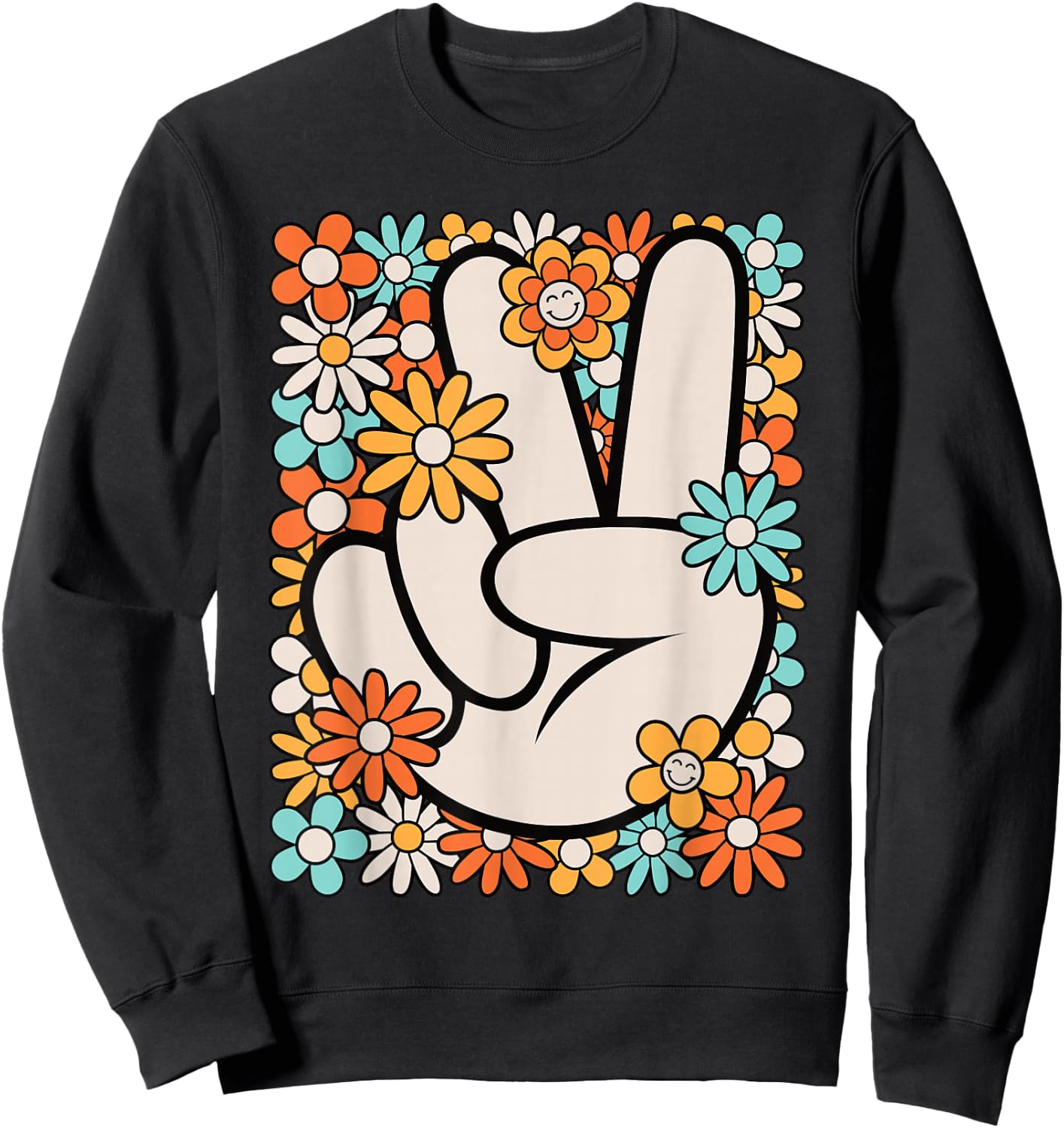 Hippie Peace Hand Sign Groovy Flower 60s 70s Men Women Kids Sweatshirt - Sweatshirt | Black